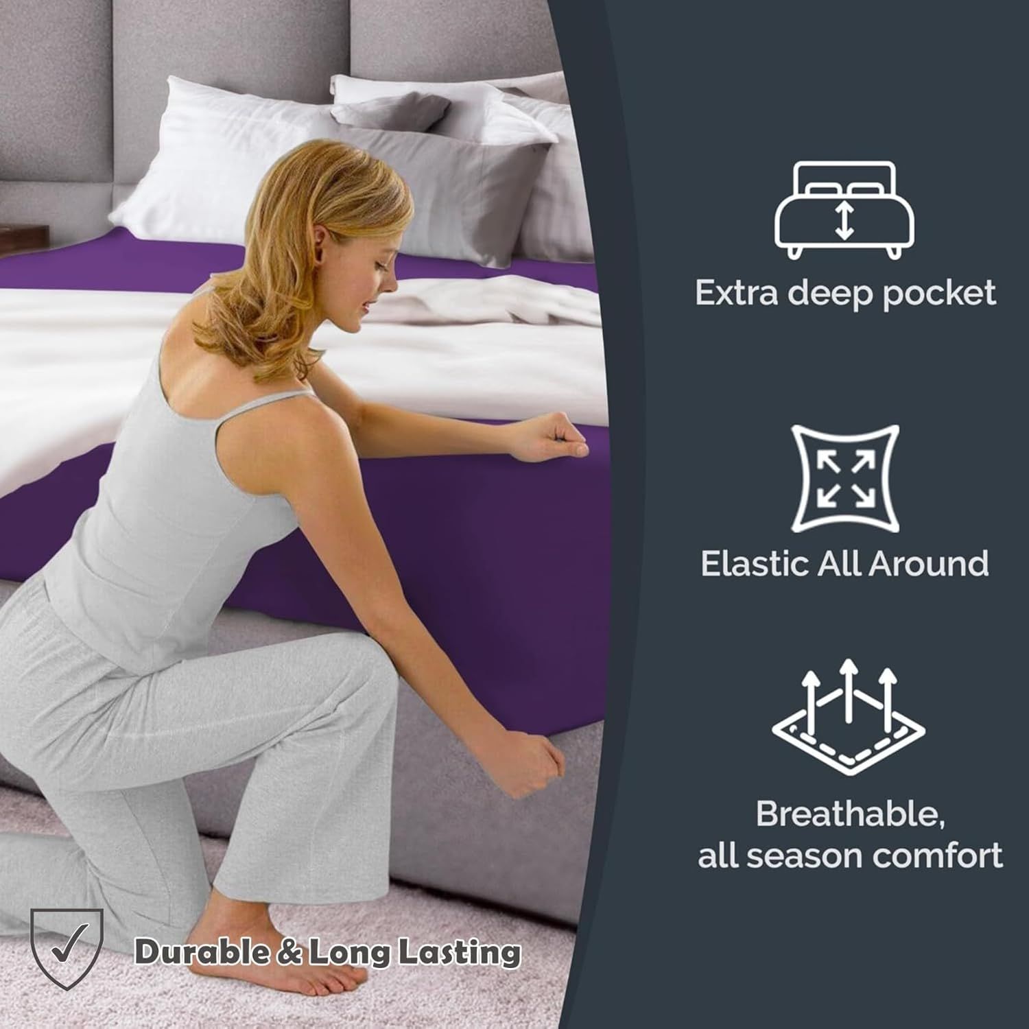 Hotel Quality Fitted Sheet - 1 Piece Fitted Sheet  -Breathable Bedding - Wrinkle, Fade, Stain Resistant- 16inch/40cm Deep Pocket Fitted Bed Sheet-Wrinkle and Fade Resistant,(Purple,Queen) - Image 3