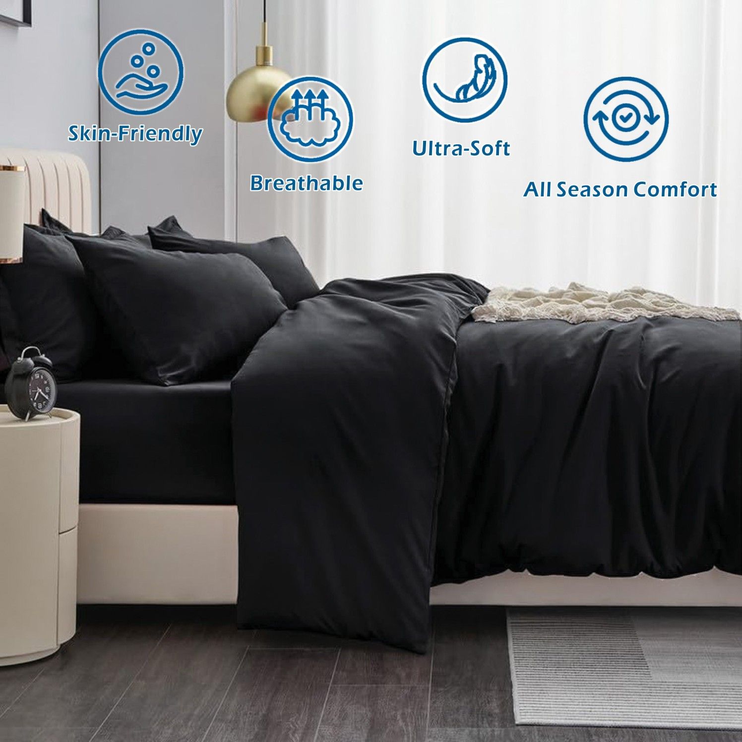 2 Piece Hotel Soft Microfiber Quilt Cover Set-2000TC Duvet/Donna Cover Set & Pillowcases -1 Quilt Cover Zipper Closure & 1 x Pillowcases-Breathable Bedding - Wrinkle, Fade, Stain Resistant(Black,Single) - Image 2