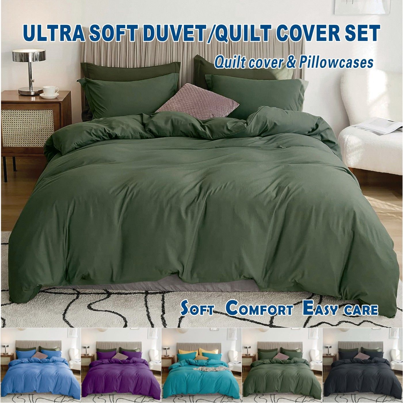 2 Piece Hotel Soft Microfiber Quilt Cover Set-2000TC Duvet/Donna Cover Set & Pillowcases -1 Quilt Cover Zipper Closure & 1 x Pillowcases-Breathable Bedding - Wrinkle, Fade, Stain Resistant(Olive green,Single) - Image 1