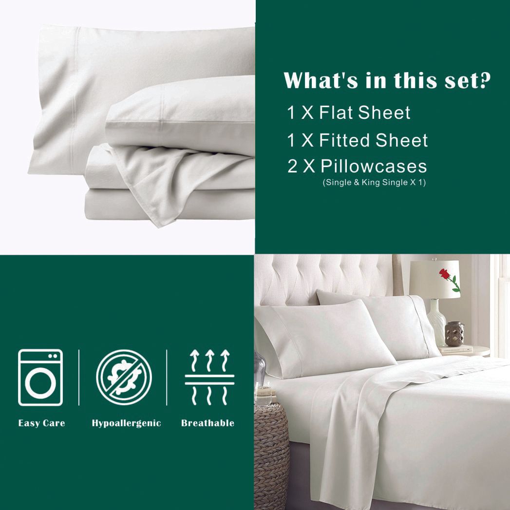 3 Piece Bed Sheet Set- Bedding Sheets & Pillowcases -Breathable Bedding - Wrinkle, Fade, Stain Resistant-Deep Pocket Flat Fitted Bed Sheet Set(Raw white,Single) - Image 2