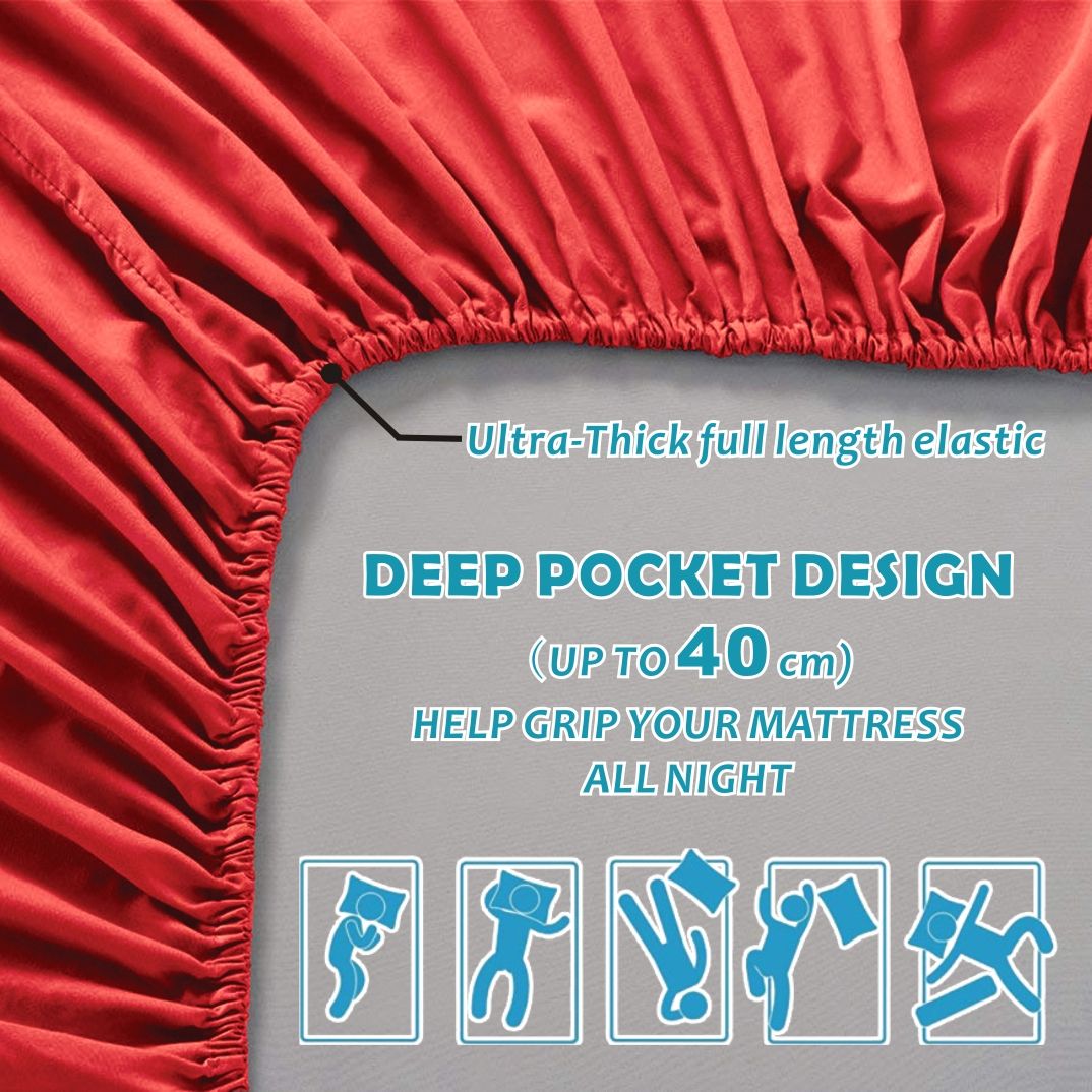 3 Piece Bed Sheet Set- Bedding Sheets & Pillowcases -Breathable Bedding - Wrinkle, Fade, Stain Resistant-Deep Pocket Flat Fitted Bed Sheet Set(Red,Single) - Image 2