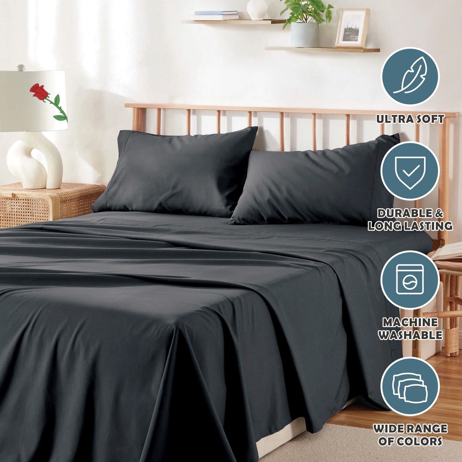 3 Piece Bed Sheet Set- Bedding Sheets & Pillowcases -Breathable Bedding - Wrinkle, Fade, Stain Resistant-Deep Pocket Flat Fitted Bed Sheet Set(Black,Single) - Image 6