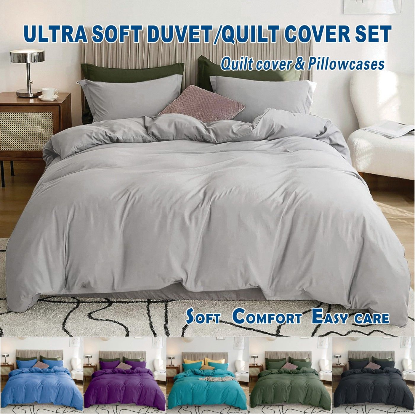 3 Piece Hotel Soft Microfiber Quilt Cover Set-2000TC Duvet/Donna Cover Set & Pillowcases -1 Quilt Cover Zipper Closure & 1 x Pillowcases-Breathable Bedding - Wrinkle, Fade, Stain Resistant(Silver-gray,Super King) - Image 1