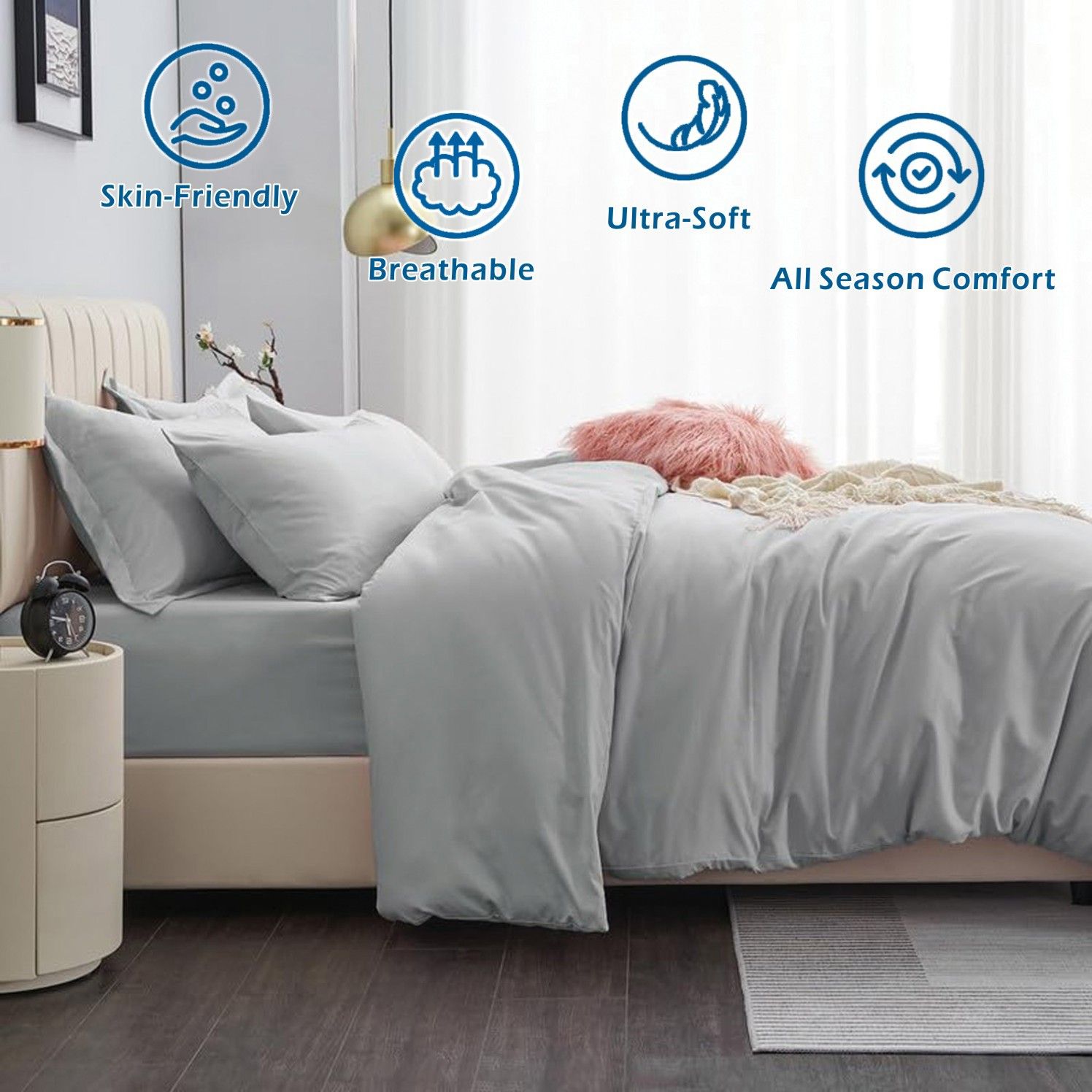 3 Piece Hotel Soft Microfiber Quilt Cover Set-2000TC Duvet/Donna Cover Set & Pillowcases -1 Quilt Cover Zipper Closure & 1 x Pillowcases-Breathable Bedding - Wrinkle, Fade, Stain Resistant(Silver-gray,Super King) - Image 2