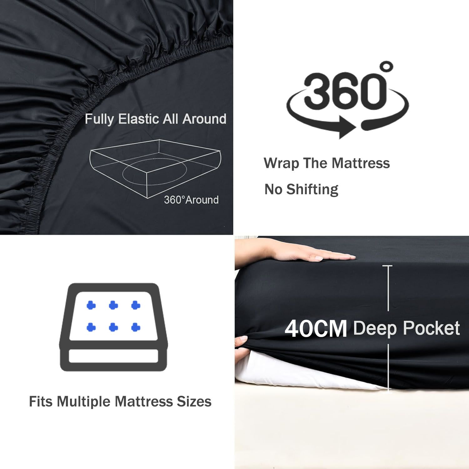 3 Piece Fitted Sheet Set- Fitted Sheet & Pillowcases -Breathable Bedding - Wrinkle, Fade, Stain Resistant- 40cm Deep Pocket Fitted Bed Sheet Set(Black,Super King) - Image 3