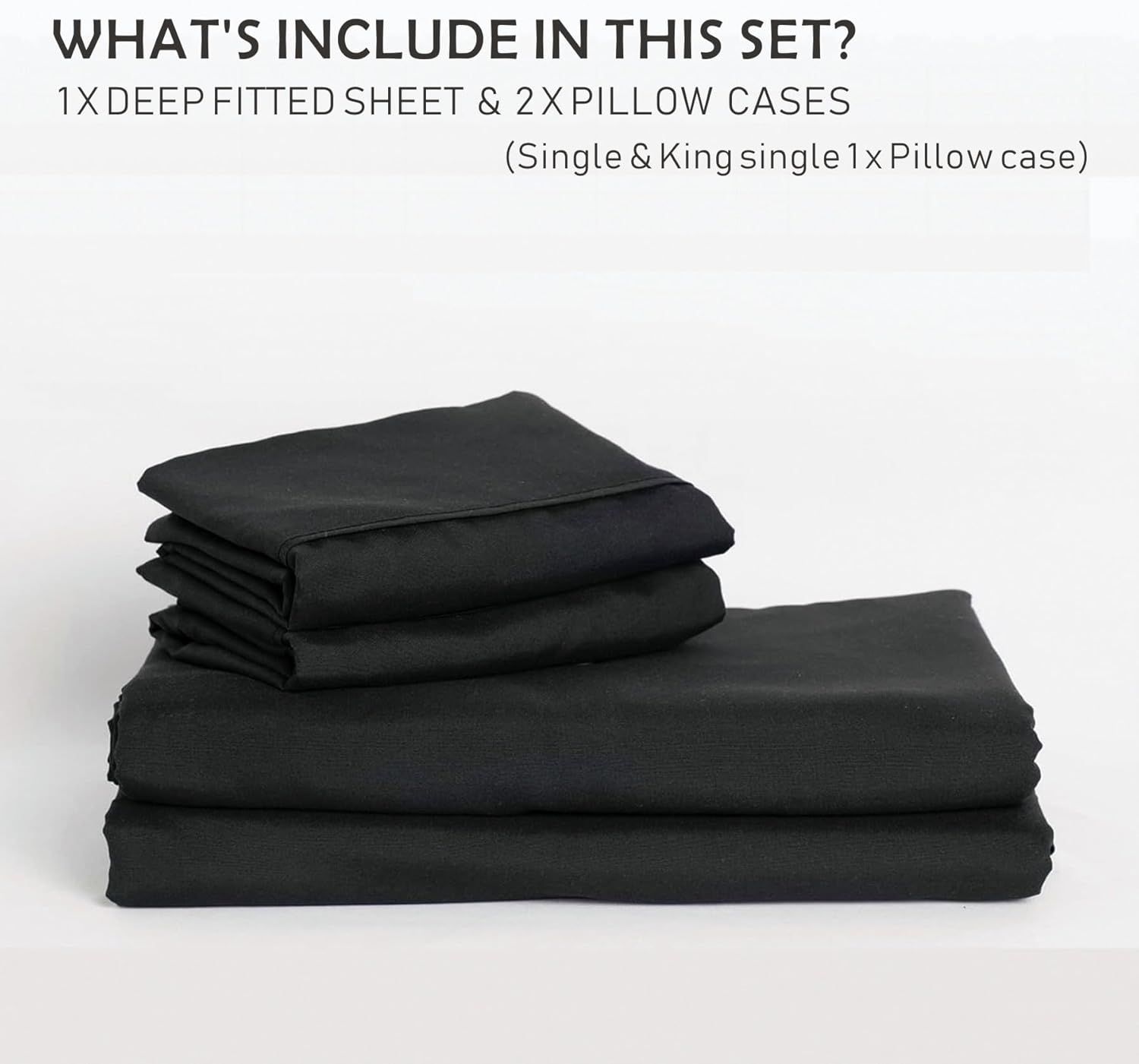3 Piece Fitted Sheet Set- Fitted Sheet & Pillowcases -Breathable Bedding - Wrinkle, Fade, Stain Resistant- 40cm Deep Pocket Fitted Bed Sheet Set(Black,Super King) - Image 8