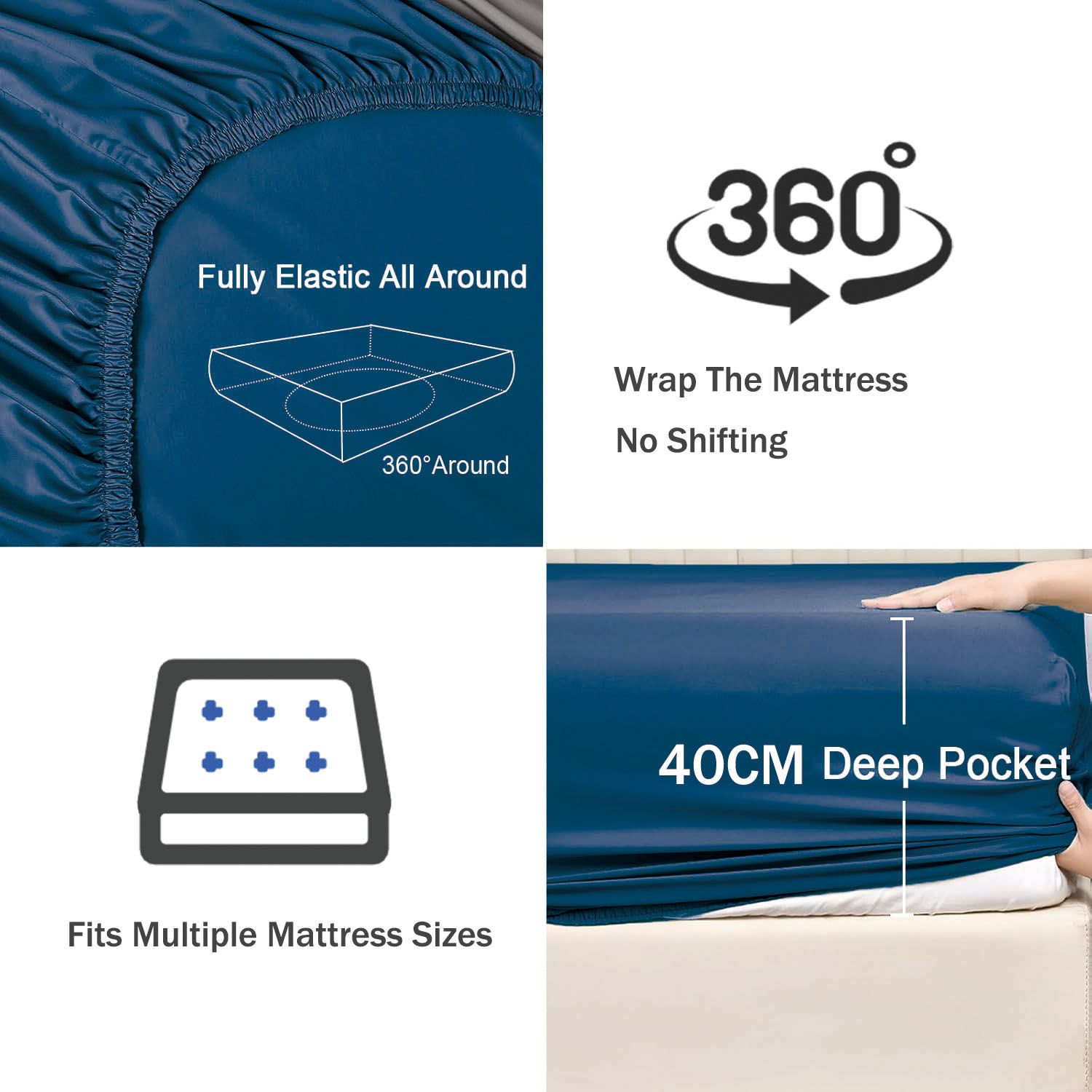 3 Piece Fitted Sheet Set- Fitted Sheet & Pillowcases -Breathable Bedding - Wrinkle, Fade, Stain Resistant- 40cm Deep Pocket Fitted Bed Sheet Set(Navy,Super King) - Image 5