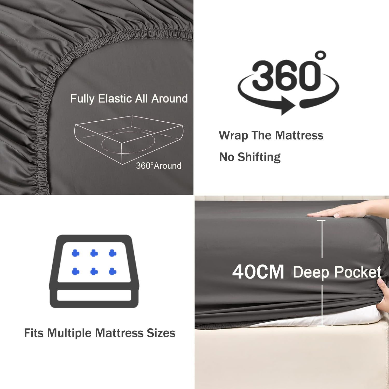 3 Piece Fitted Sheet Set- Fitted Sheet & Pillowcases -Breathable Bedding - Wrinkle, Fade, Stain Resistant- 40cm Deep Pocket Fitted Bed Sheet Set(Dark gray,Super King) - Image 3