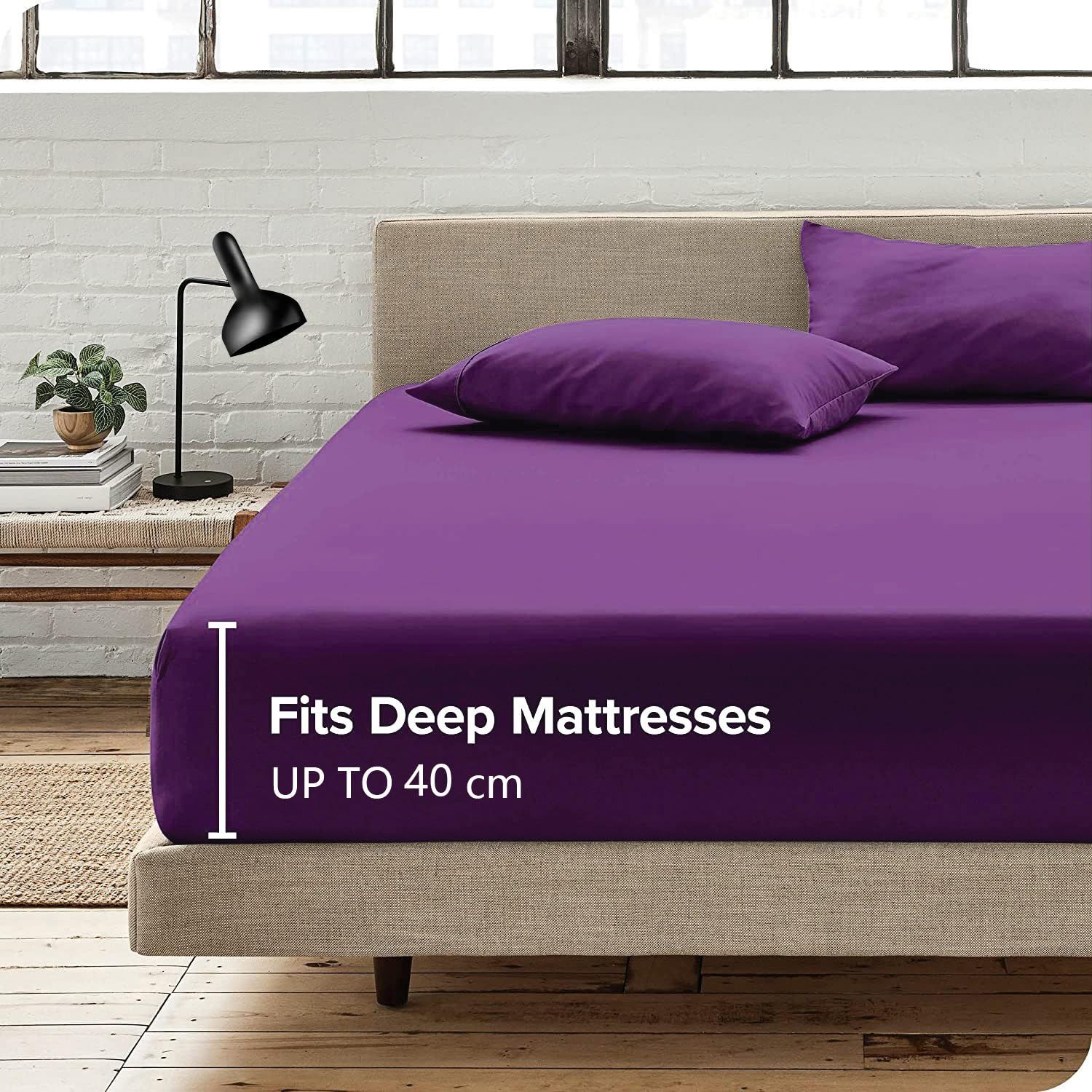 3 Piece Fitted Sheet Set- Fitted Sheet & Pillowcases -Breathable Bedding - Wrinkle, Fade, Stain Resistant- 40cm Deep Pocket Fitted Bed Sheet Set(Purple,Super King) - Image 1