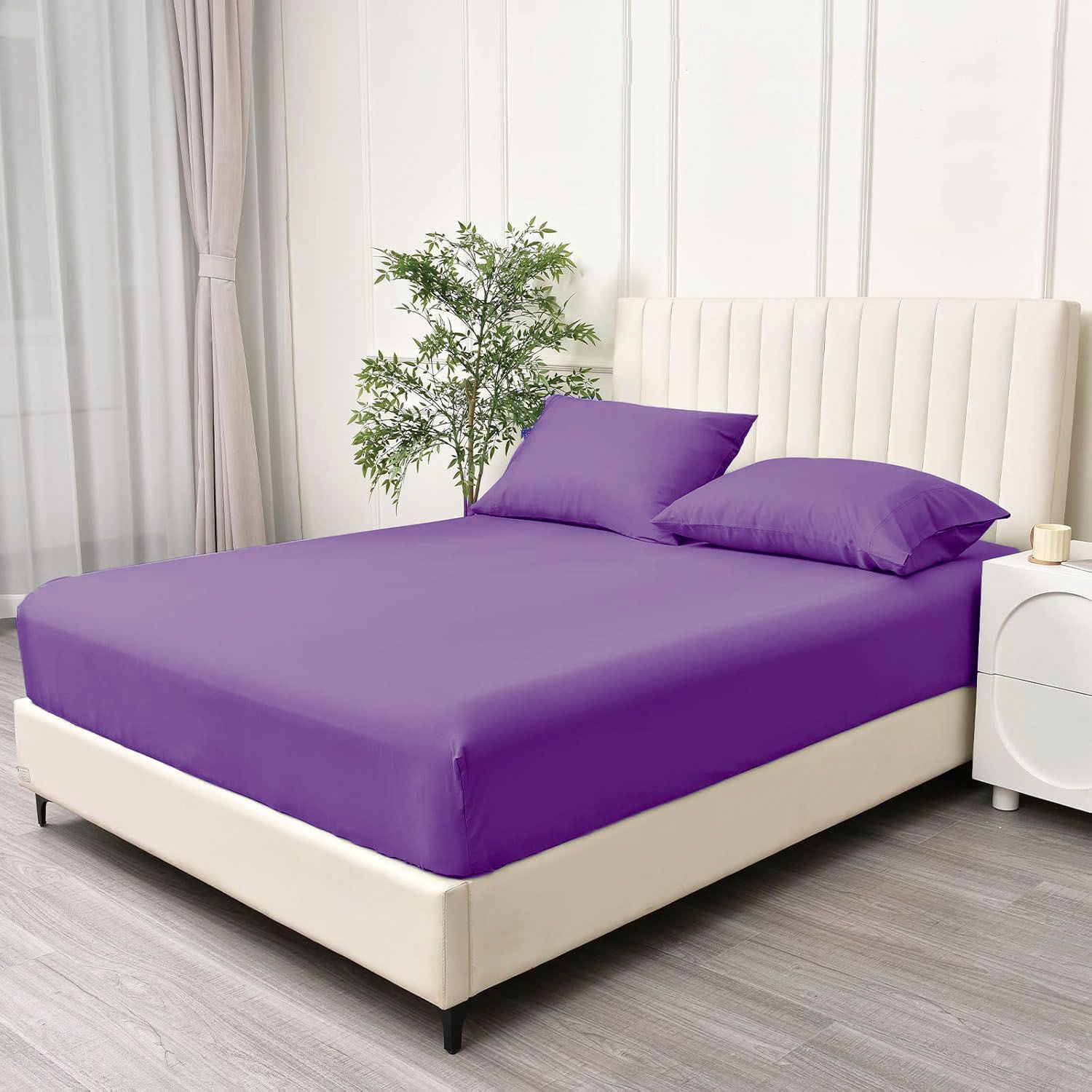 3 Piece Fitted Sheet Set- Fitted Sheet & Pillowcases -Breathable Bedding - Wrinkle, Fade, Stain Resistant- 40cm Deep Pocket Fitted Bed Sheet Set(Purple,Super King) - Image 2