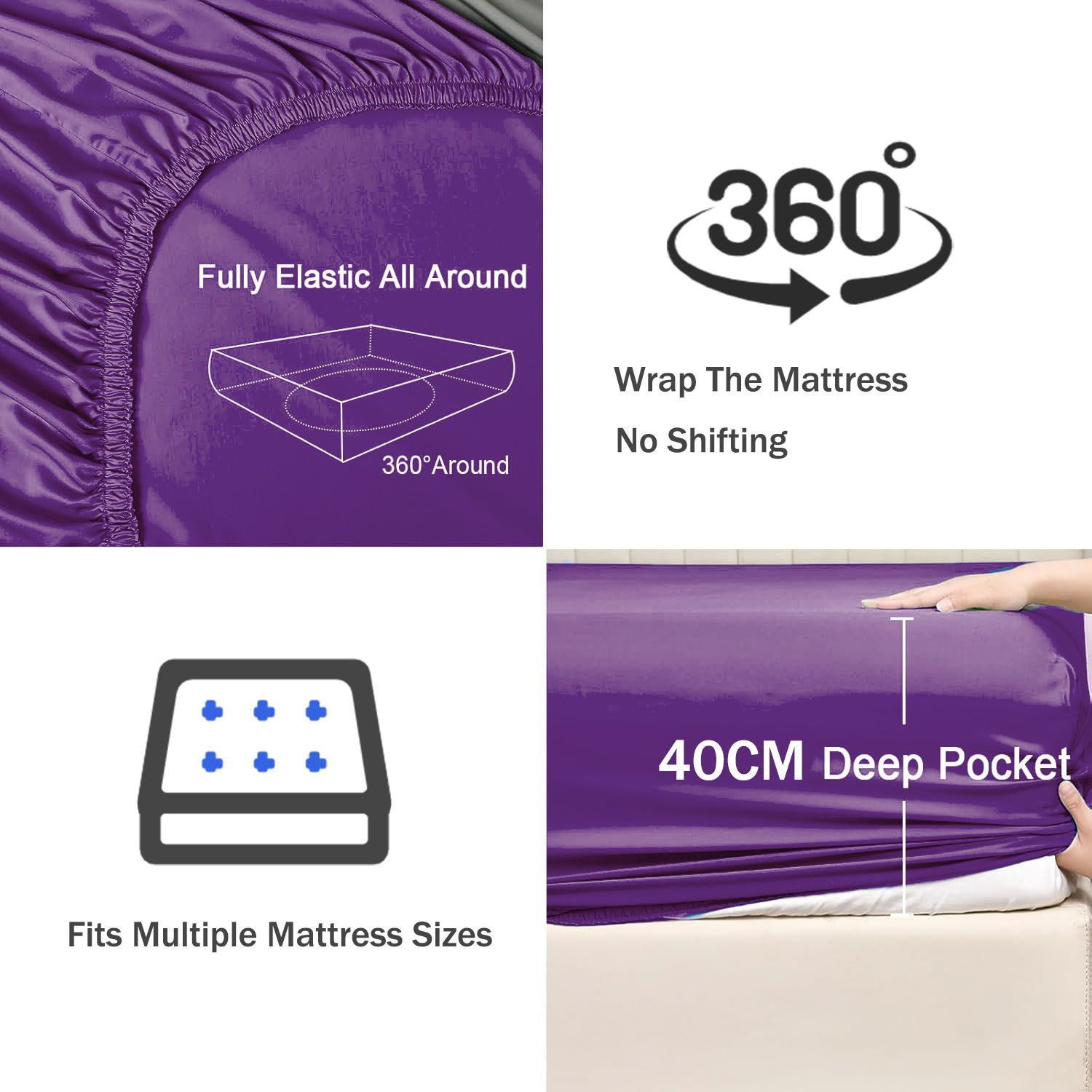 3 Piece Fitted Sheet Set- Fitted Sheet & Pillowcases -Breathable Bedding - Wrinkle, Fade, Stain Resistant- 40cm Deep Pocket Fitted Bed Sheet Set(Purple,Super King) - Image 3