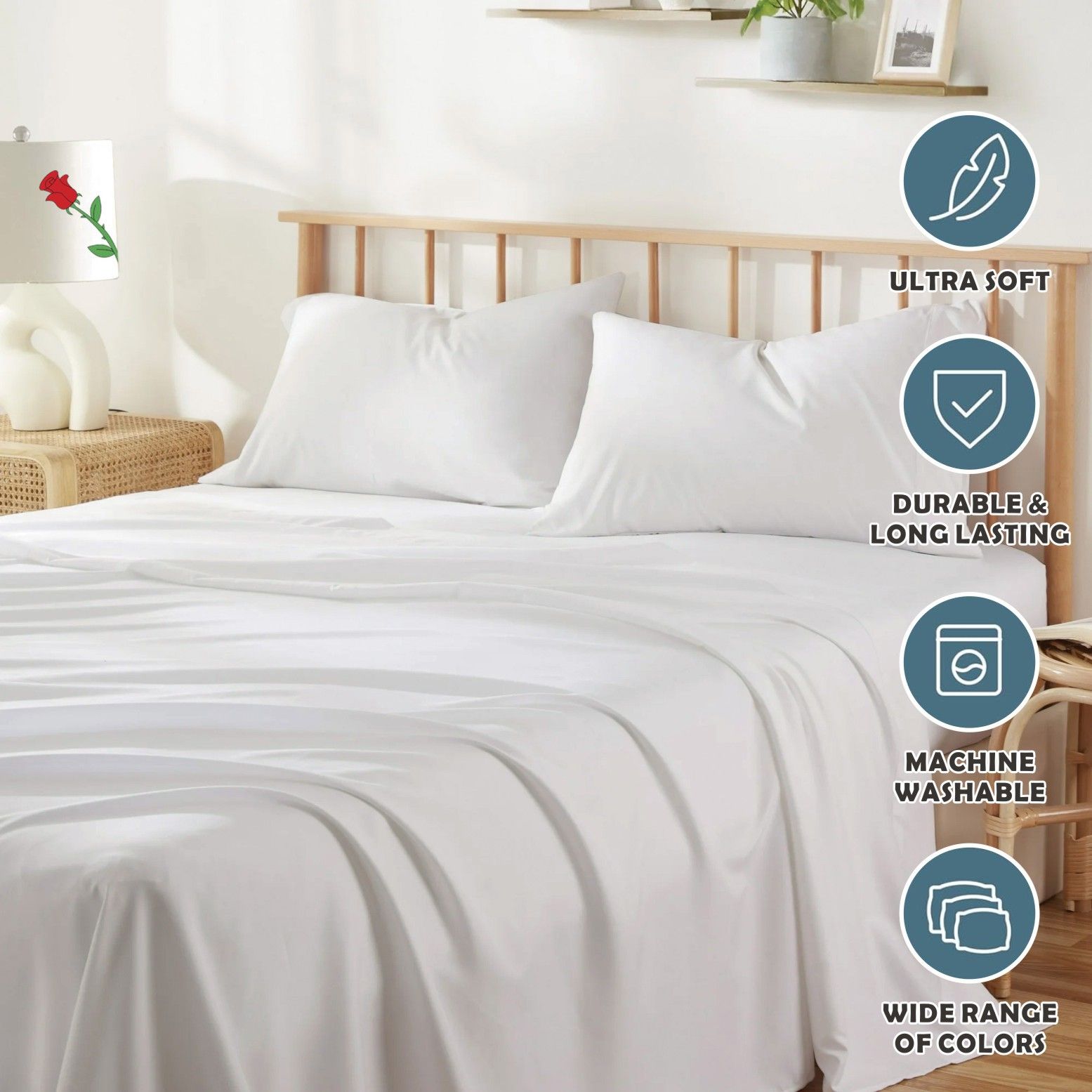 4 Piece Bed Sheet Set- Bedding Sheets & Pillowcases -Breathable Bedding - Wrinkle, Fade, Stain Resistant-Deep Pocket Flat Fitted Bed Sheet Set(White,Super King) - Image 6
