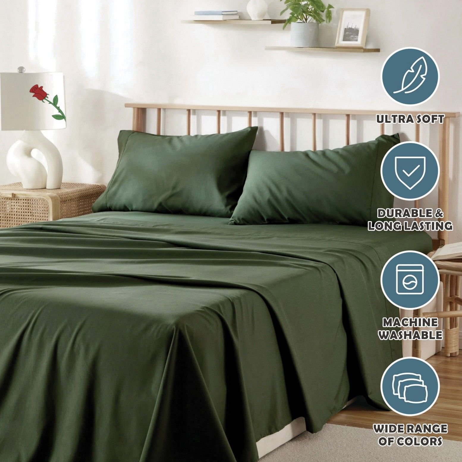 4 Piece Bed Sheet Set- Bedding Sheets & Pillowcases -Breathable Bedding - Wrinkle, Fade, Stain Resistant-Deep Pocket Flat Fitted Bed Sheet Set(Olive green,Super King) - Image 6
