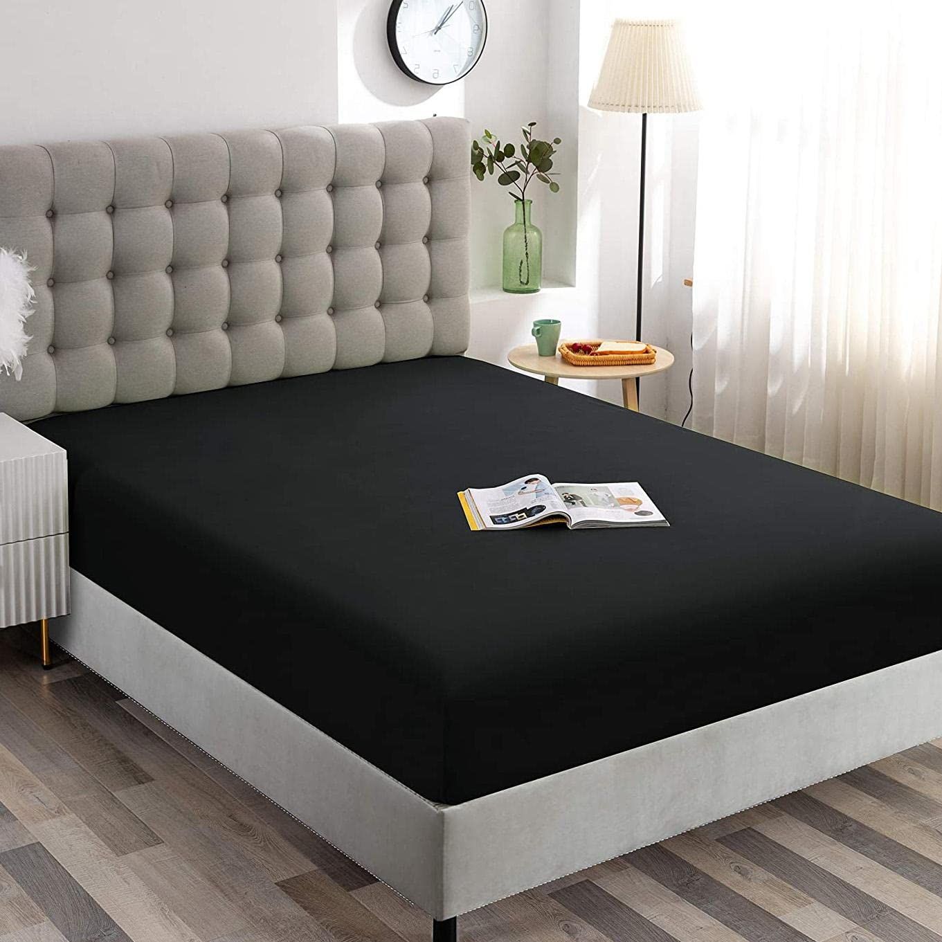 Hotel Quality Fitted Sheet - 1 Piece Fitted Sheet  -Breathable Bedding - Wrinkle, Fade, Stain Resistant- 16inch/40cm Deep Pocket Fitted Bed Sheet-Wrinkle and Fade Resistant,(Black,Super King) - Image 1
