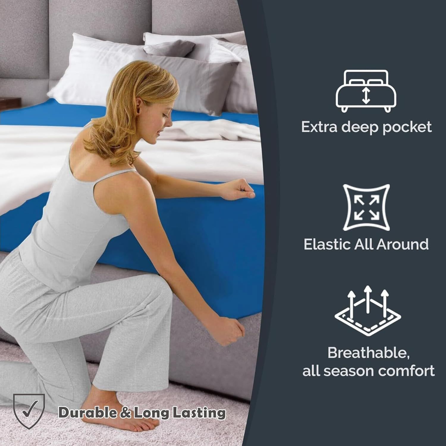 Hotel Quality Fitted Sheet - 1 Piece Fitted Sheet  -Breathable Bedding - Wrinkle, Fade, Stain Resistant- 16inch/40cm Deep Pocket Fitted Bed Sheet-Wrinkle and Fade Resistant,(Ocean,Super King) - Image 4