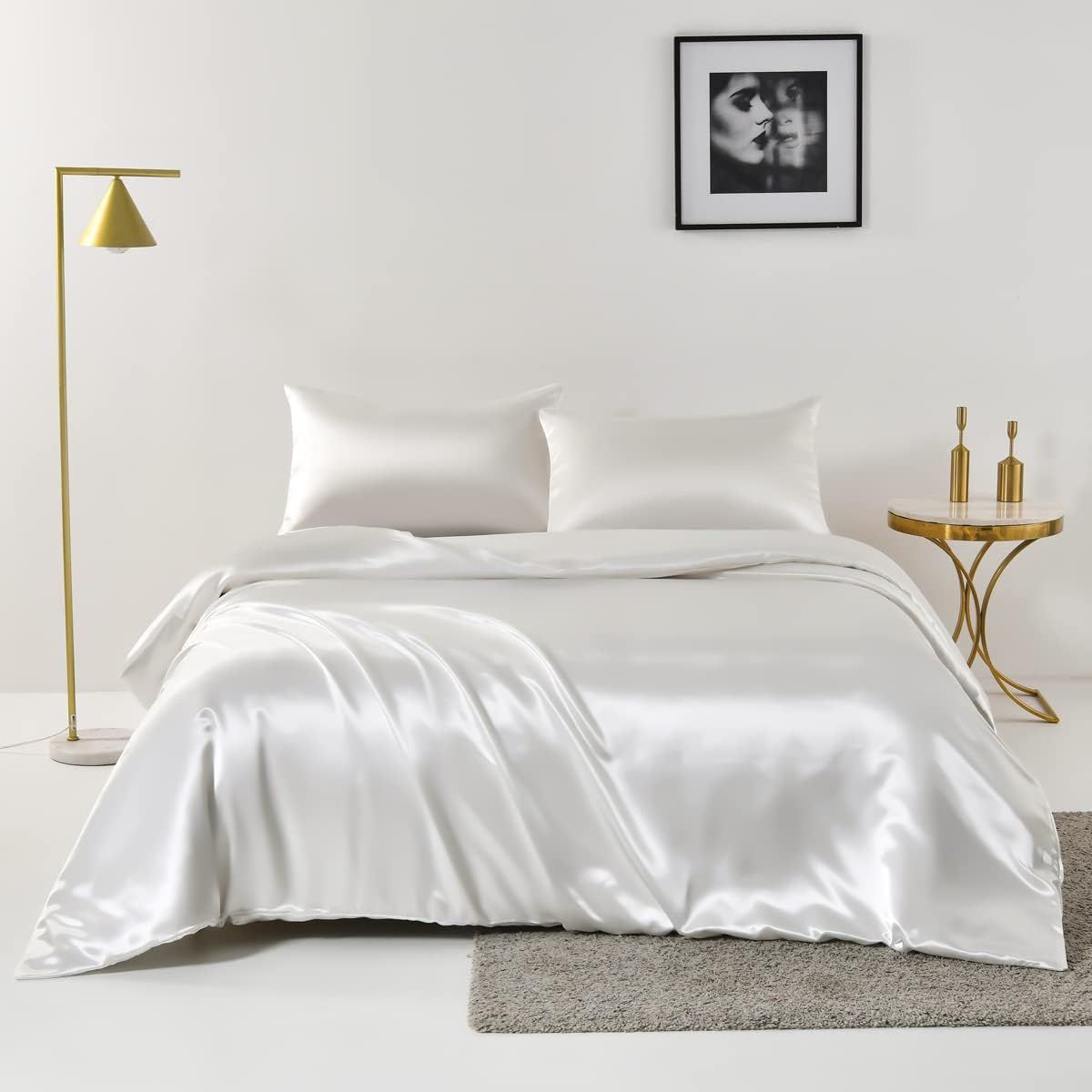 Satin Quilt cover Set Hotel 3 Pieces Quilt cover with Pillowcase, Art Silk Bedding Set-Luxury Soft Silky pillowcase for Hair and Skin, Similar to Silk Duvet/Donna Cover Set- 3 Pieces(Double,White) - Image 1