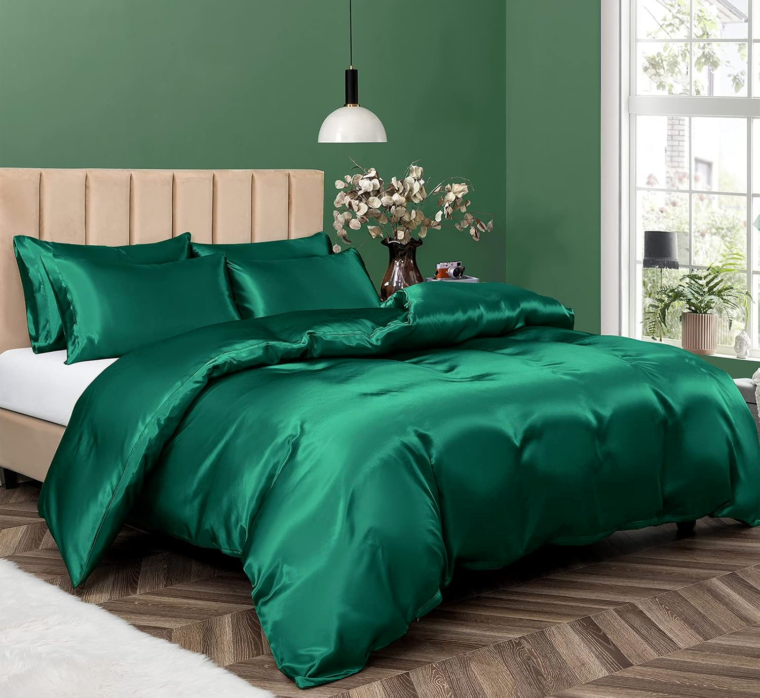 Satin Quilt cover Set Hotel 3 Pieces Quilt cover with Pillowcase, Art Silk Bedding Set-Luxury Soft Silky pillowcase for Hair and Skin, Similar to Silk Duvet/Donna Cover Set- 3 Pieces(Double,Green) - Image 1