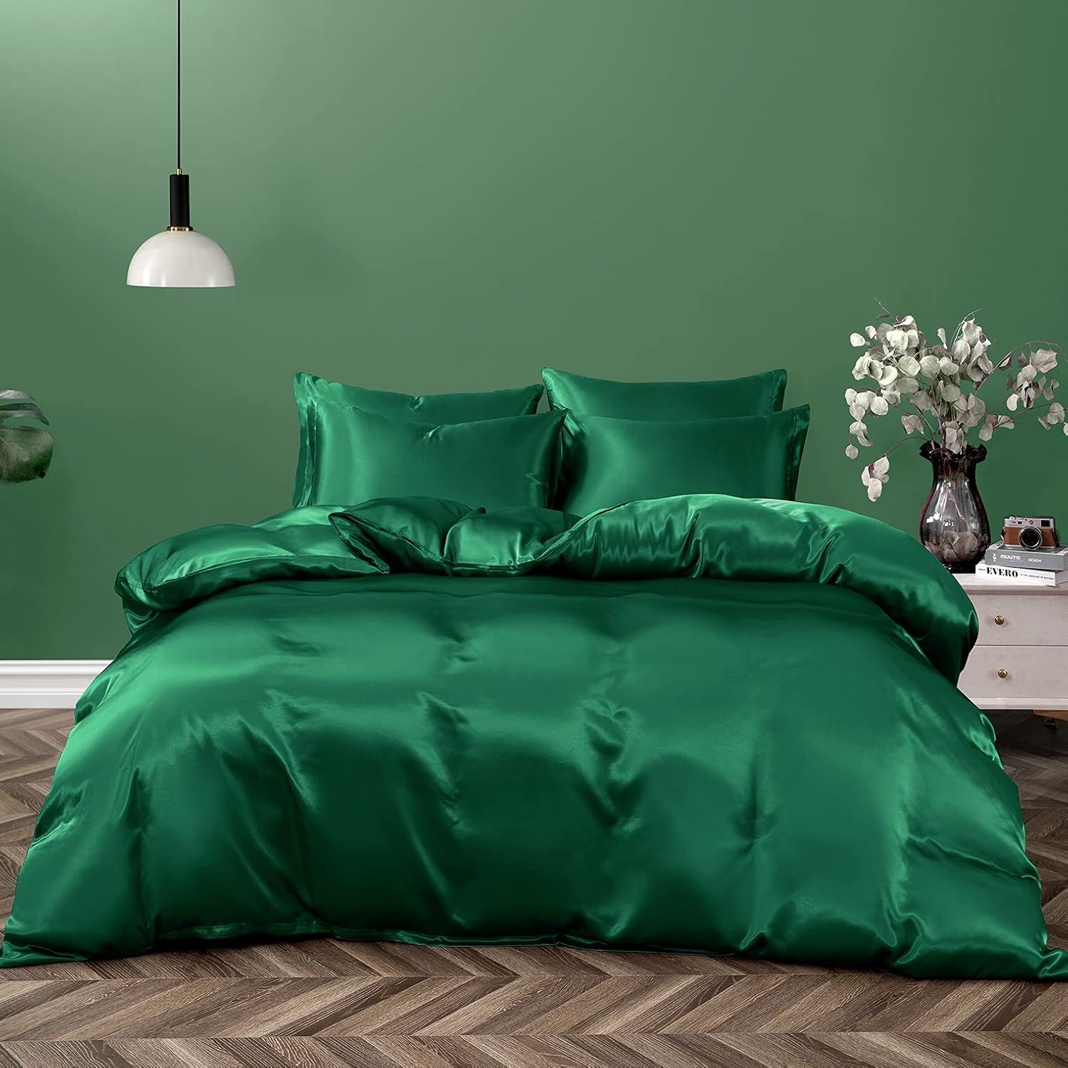 Satin Quilt cover Set Hotel 3 Pieces Quilt cover with Pillowcase, Art Silk Bedding Set-Luxury Soft Silky pillowcase for Hair and Skin, Similar to Silk Duvet/Donna Cover Set- 3 Pieces(Double,Green) - Image 2