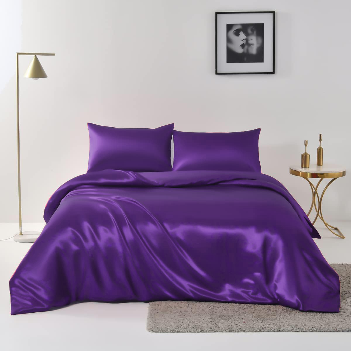 Satin Quilt cover Set Hotel 3 Pieces Quilt cover with Pillowcase, Art Silk Bedding Set-Luxury Soft Silky pillowcase for Hair and Skin, Similar to Silk Duvet/Donna Cover Set- 3 Pieces(Double,Purple) - Image 1
