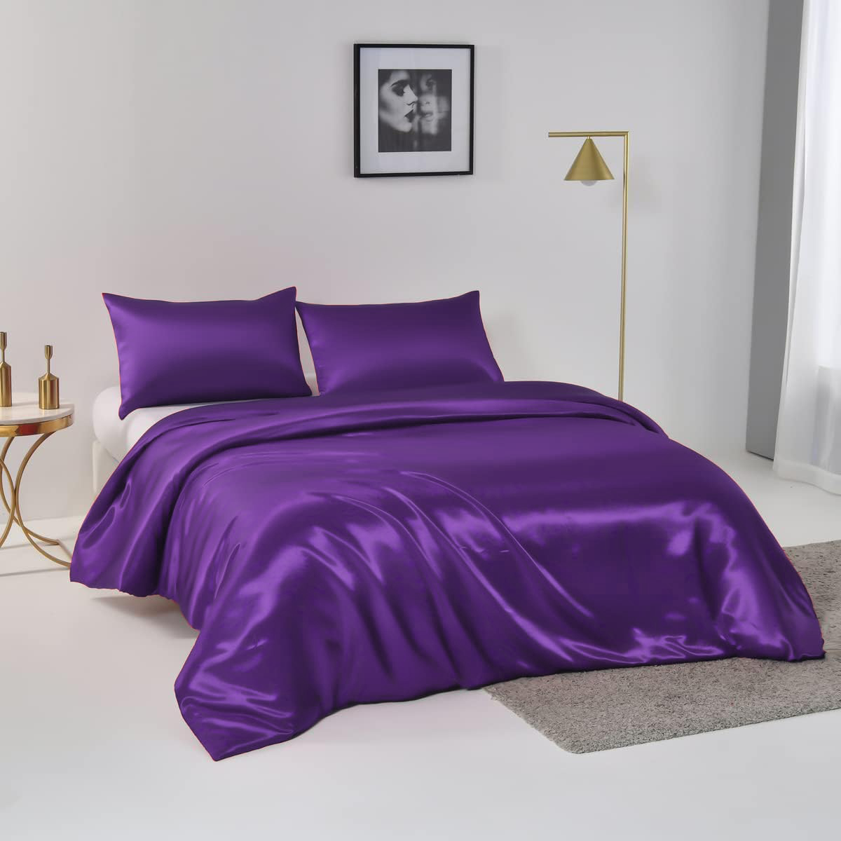 Satin Quilt cover Set Hotel 3 Pieces Quilt cover with Pillowcase, Art Silk Bedding Set-Luxury Soft Silky pillowcase for Hair and Skin, Similar to Silk Duvet/Donna Cover Set- 3 Pieces(Double,Purple) - Image 2