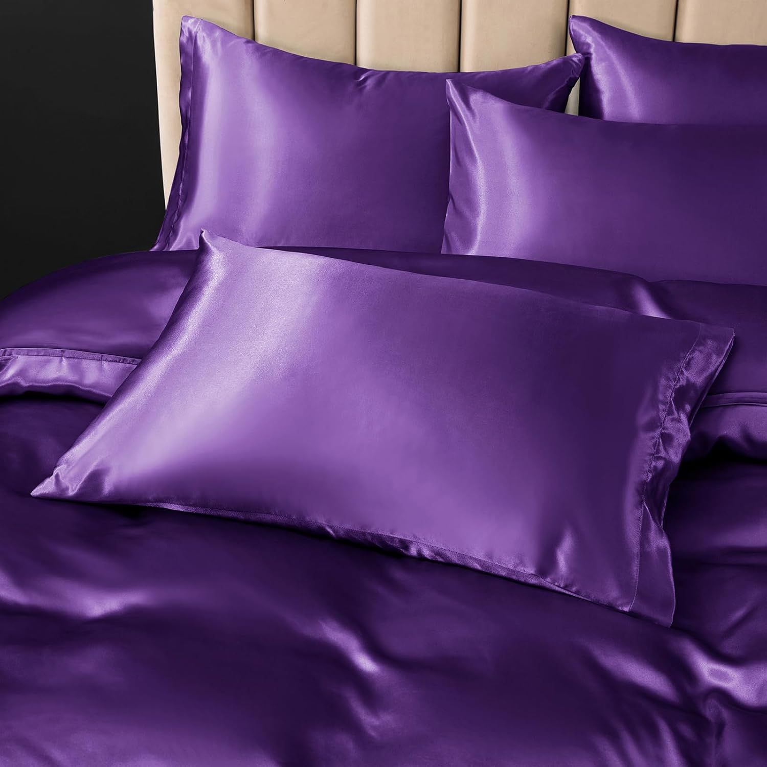 Satin Quilt cover Set Hotel 3 Pieces Quilt cover with Pillowcase, Art Silk Bedding Set-Luxury Soft Silky pillowcase for Hair and Skin, Similar to Silk Duvet/Donna Cover Set- 3 Pieces(Double,Purple) - Image 6