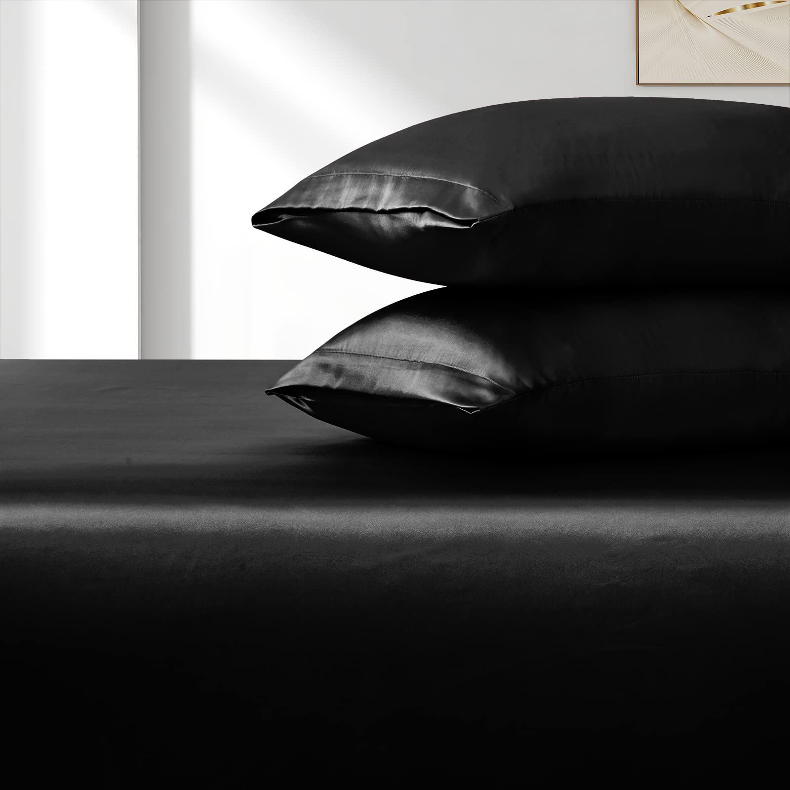 Satin Fitted Sheet Set Hotel 3 Pieces Fitted Sheet with Pillowcase, Art Silk Bedding Set-Luxury Soft Silky Sheets for Hair and Skin, Similar to Silk Fitted Sheets Set 3 Pieces(Double,Black) - Image 4