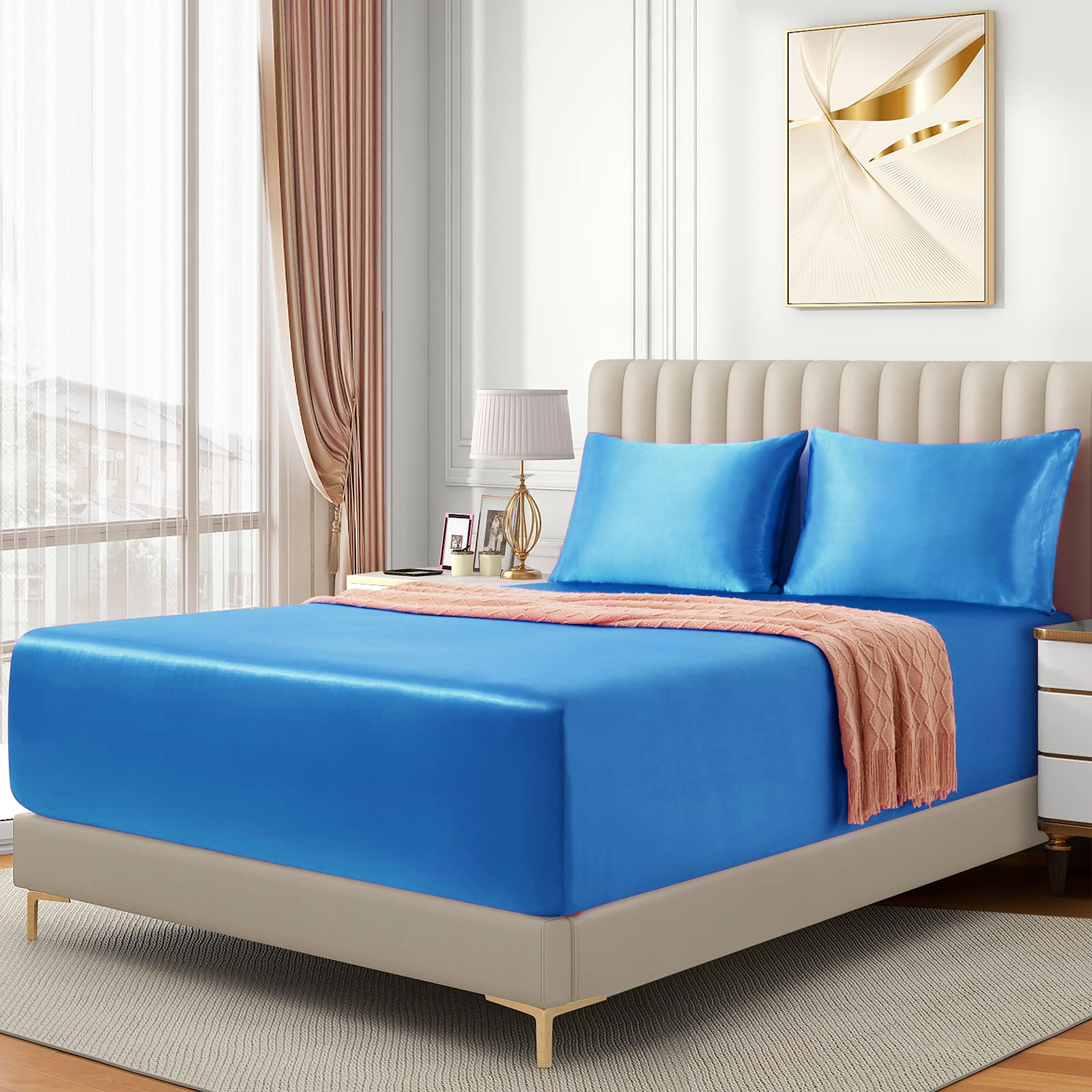 Satin Fitted Sheet Set Hotel 3 Pieces Fitted Sheet with Pillowcase, Art Silk Bedding Set-Luxury Soft Silky Sheets for Hair and Skin, Similar to Silk Fitted Sheets Set 3 Pieces(Double,Ocean) - Image 2
