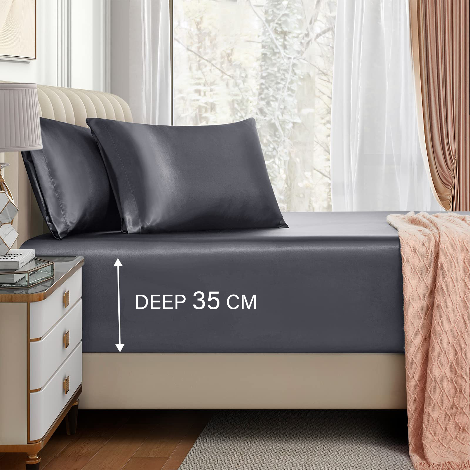 Satin Fitted Sheet Set Hotel 3 Pieces Fitted Sheet with Pillowcase, Art Silk Bedding Set-Luxury Soft Silky Sheets for Hair and Skin, Similar to Silk Fitted Sheets Set 3 Pieces(Double,Grey) - Image 1