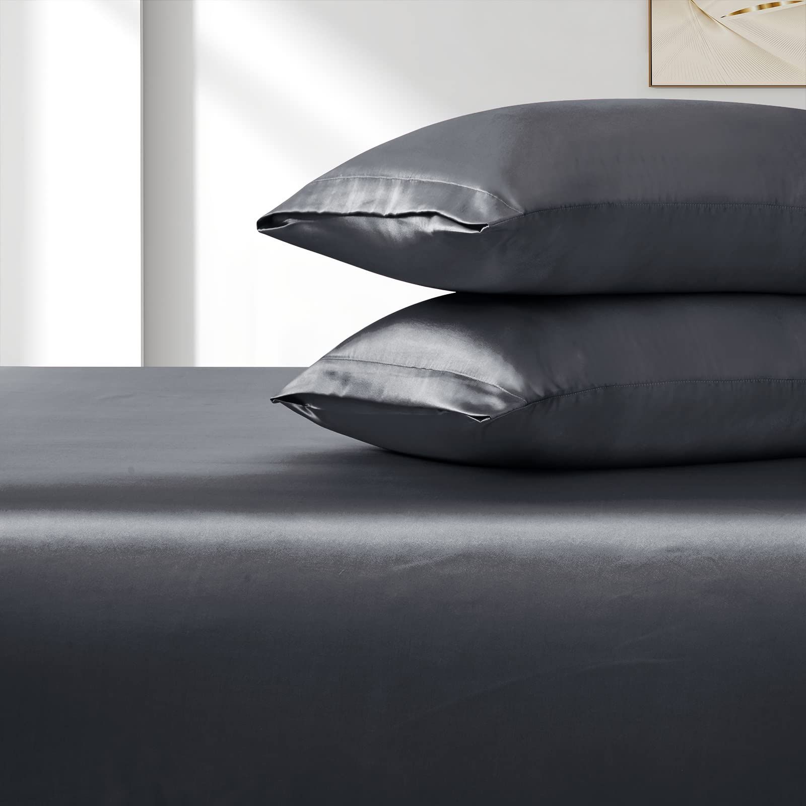 Satin Fitted Sheet Set Hotel 3 Pieces Fitted Sheet with Pillowcase, Art Silk Bedding Set-Luxury Soft Silky Sheets for Hair and Skin, Similar to Silk Fitted Sheets Set 3 Pieces(Double,Grey) - Image 3