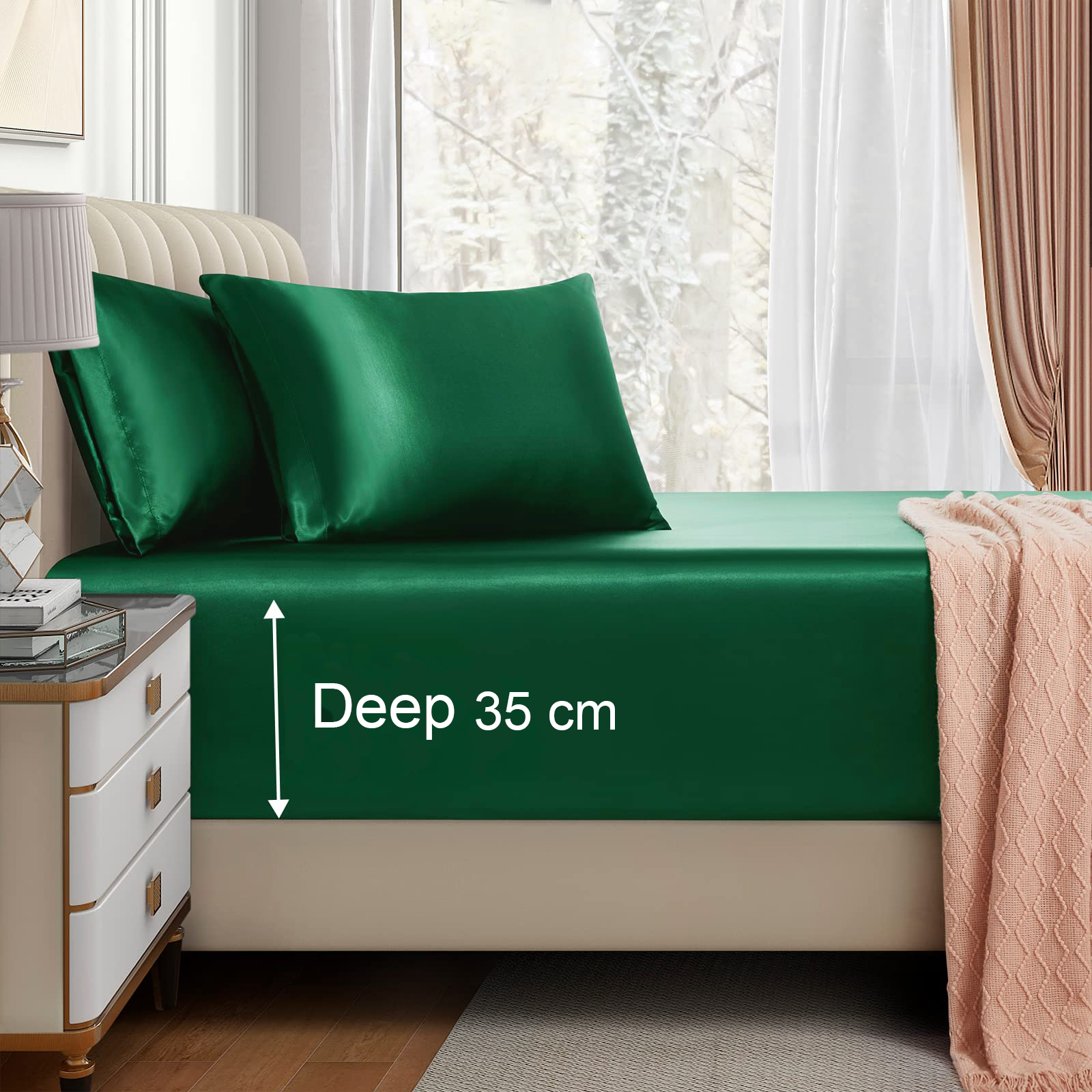 Satin Fitted Sheet Set Hotel 3 Pieces Fitted Sheet with Pillowcase, Art Silk Bedding Set-Luxury Soft Silky Sheets for Hair and Skin, Similar to Silk Fitted Sheets Set 3 Pieces(Double,Green) - Image 1