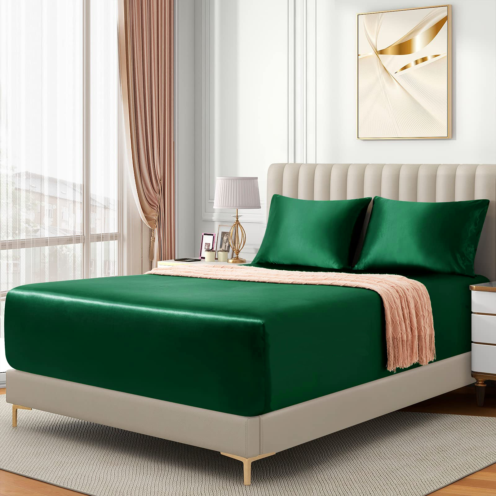 Satin Fitted Sheet Set Hotel 3 Pieces Fitted Sheet with Pillowcase, Art Silk Bedding Set-Luxury Soft Silky Sheets for Hair and Skin, Similar to Silk Fitted Sheets Set 3 Pieces(Double,Green) - Image 3