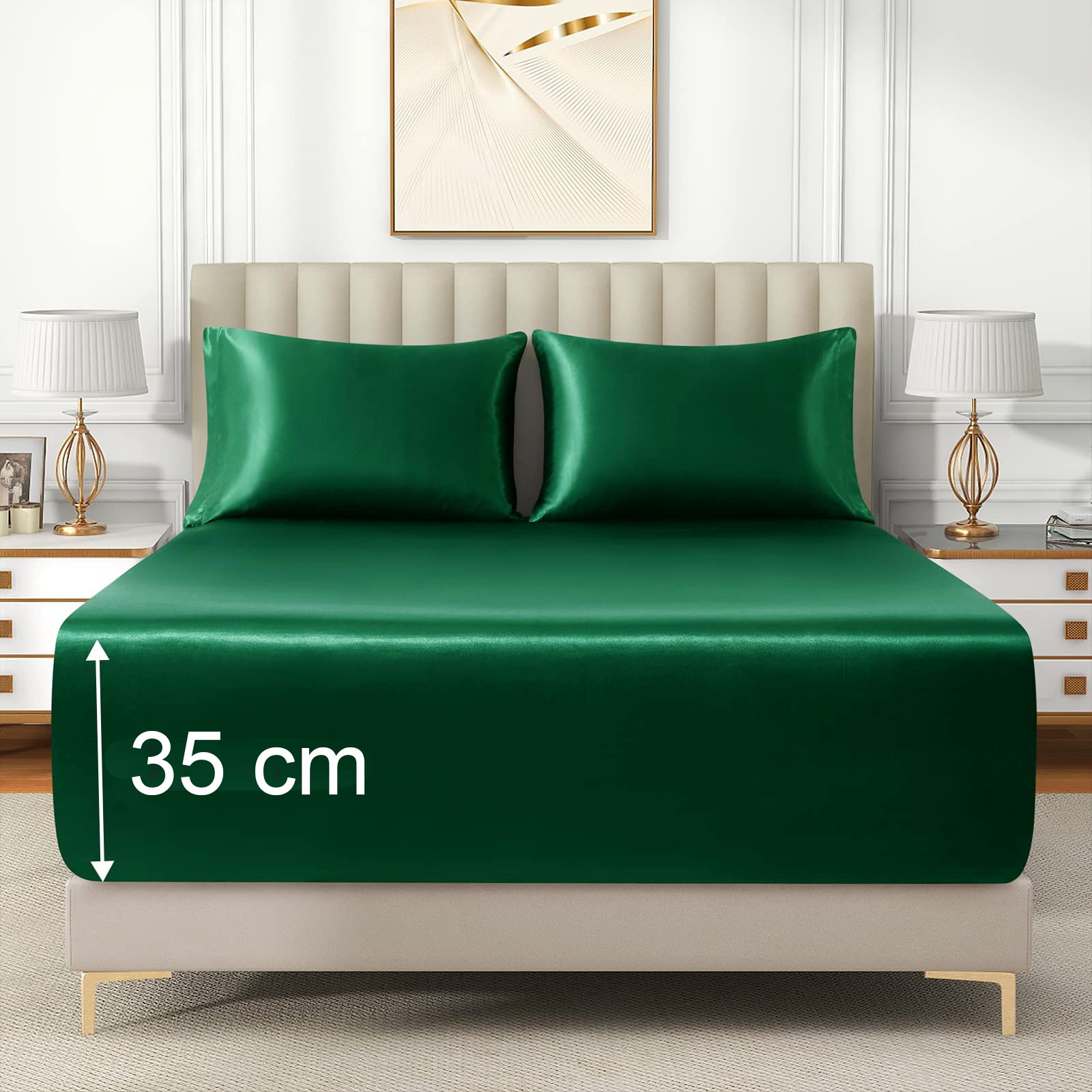 Satin Fitted Sheet Set Hotel 3 Pieces Fitted Sheet with Pillowcase, Art Silk Bedding Set-Luxury Soft Silky Sheets for Hair and Skin, Similar to Silk Fitted Sheets Set 3 Pieces(Double,Green) - Image 5
