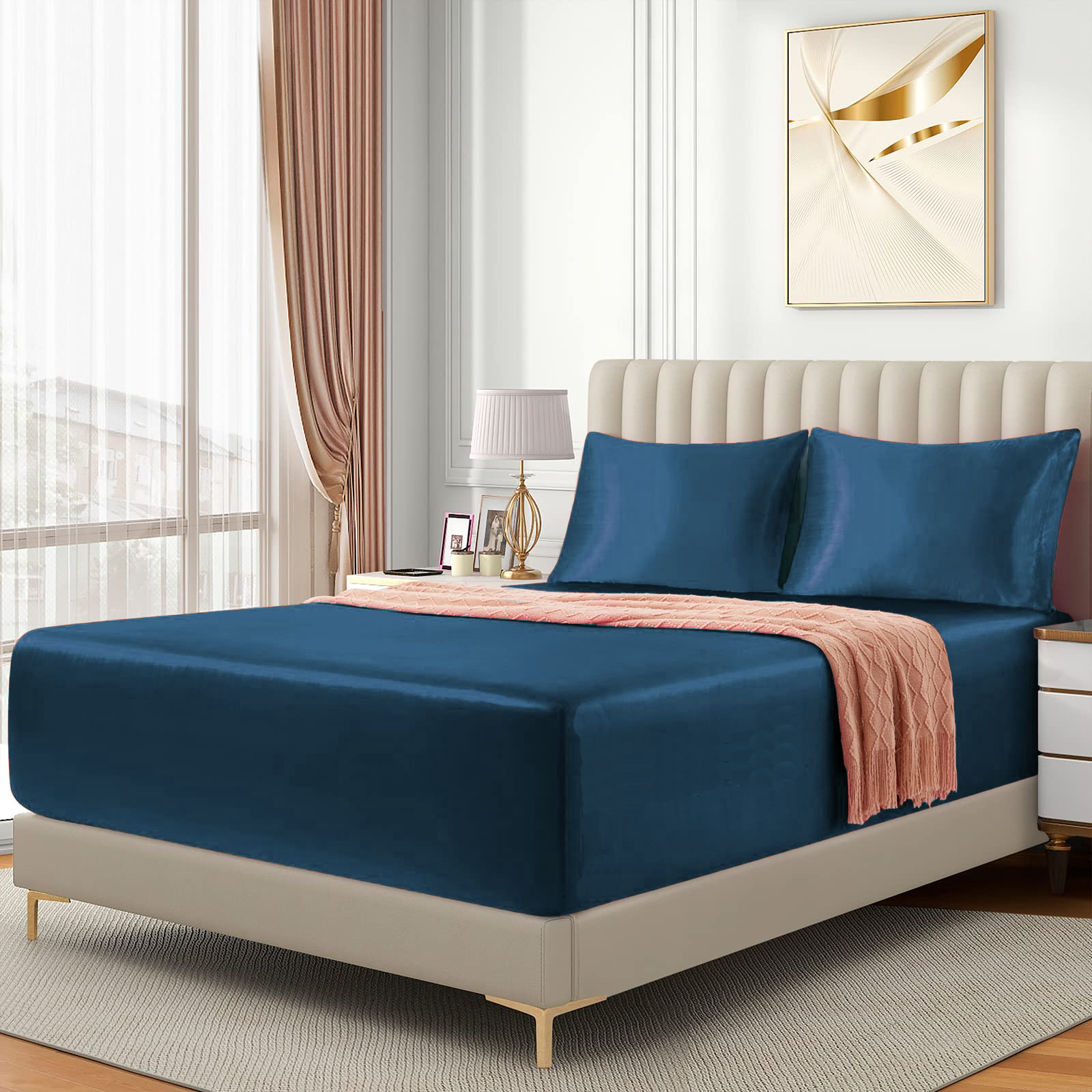 Satin Fitted Sheet Set Hotel 3 Pieces Fitted Sheet with Pillowcase, Art Silk Bedding Set-Luxury Soft Silky Sheets for Hair and Skin, Similar to Silk Fitted Sheets Set 3 Pieces(Double,Navy) - Image 2
