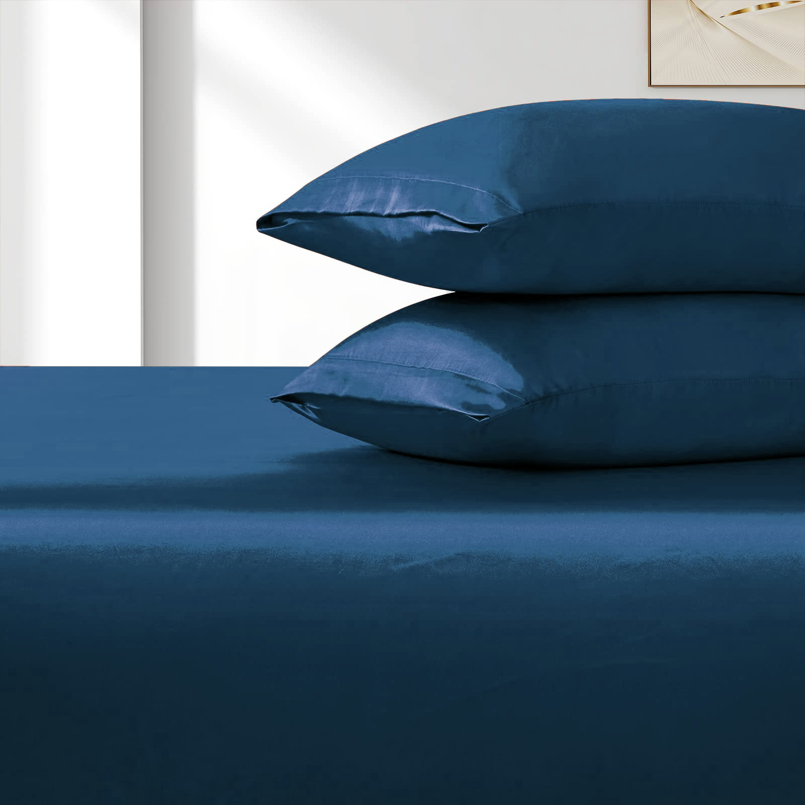 Satin Fitted Sheet Set Hotel 3 Pieces Fitted Sheet with Pillowcase, Art Silk Bedding Set-Luxury Soft Silky Sheets for Hair and Skin, Similar to Silk Fitted Sheets Set 3 Pieces(Double,Navy) - Image 4