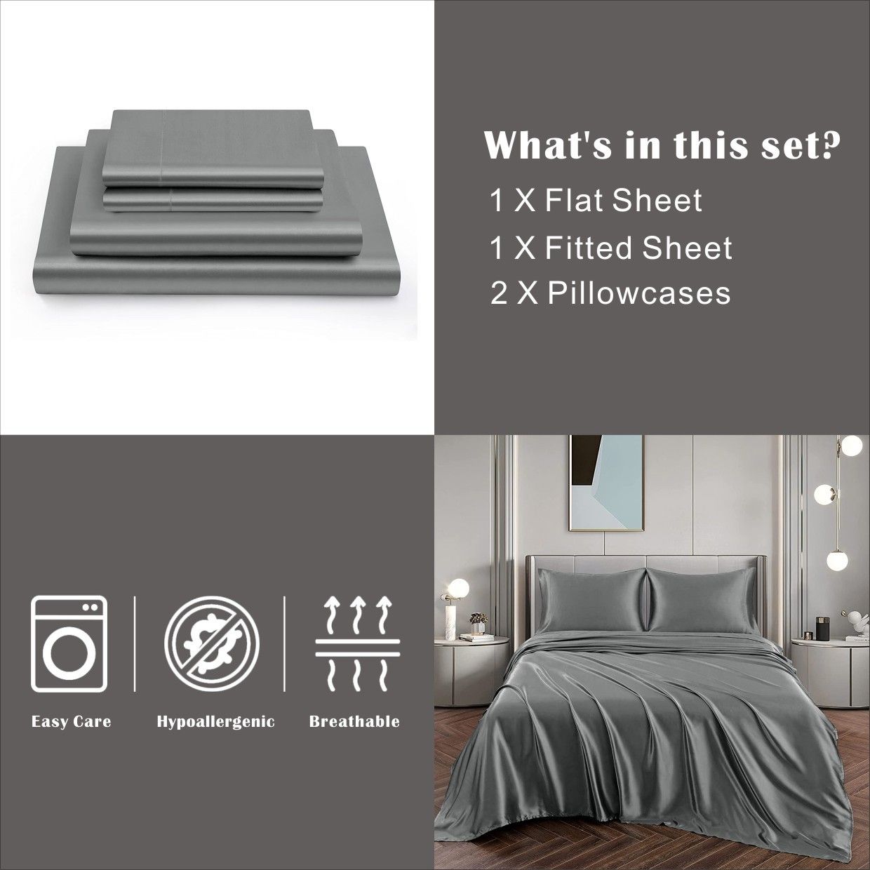Art Silk Satin Sheet Set Hotel 4 Pieces Fitted/Flat Sheet Bedding Set-Luxury Soft Silky Sheets for Hair and Skin, Similar to Silk Bed Sheets Set 4 Pieces(Double,Grey) - Image 6
