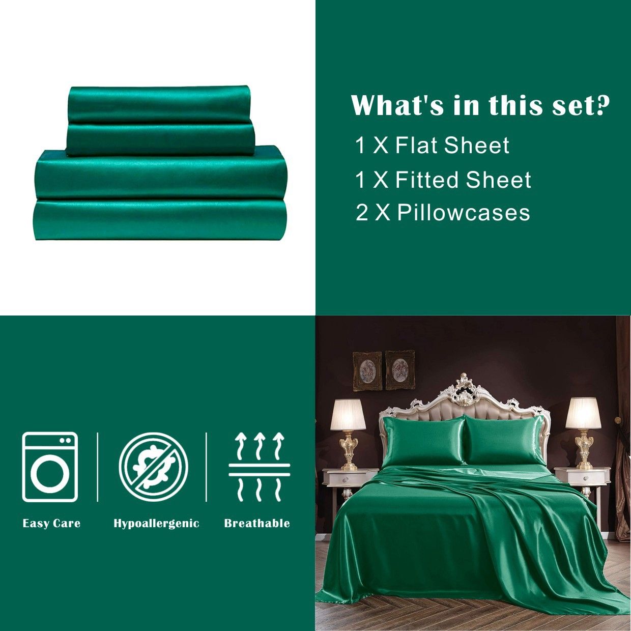 Art Silk Satin Sheet Set Hotel 4 Pieces Fitted/Flat Sheet Bedding Set-Luxury Soft Silky Sheets for Hair and Skin, Similar to Silk Bed Sheets Set 4 Pieces(Double,Green) - Image 5
