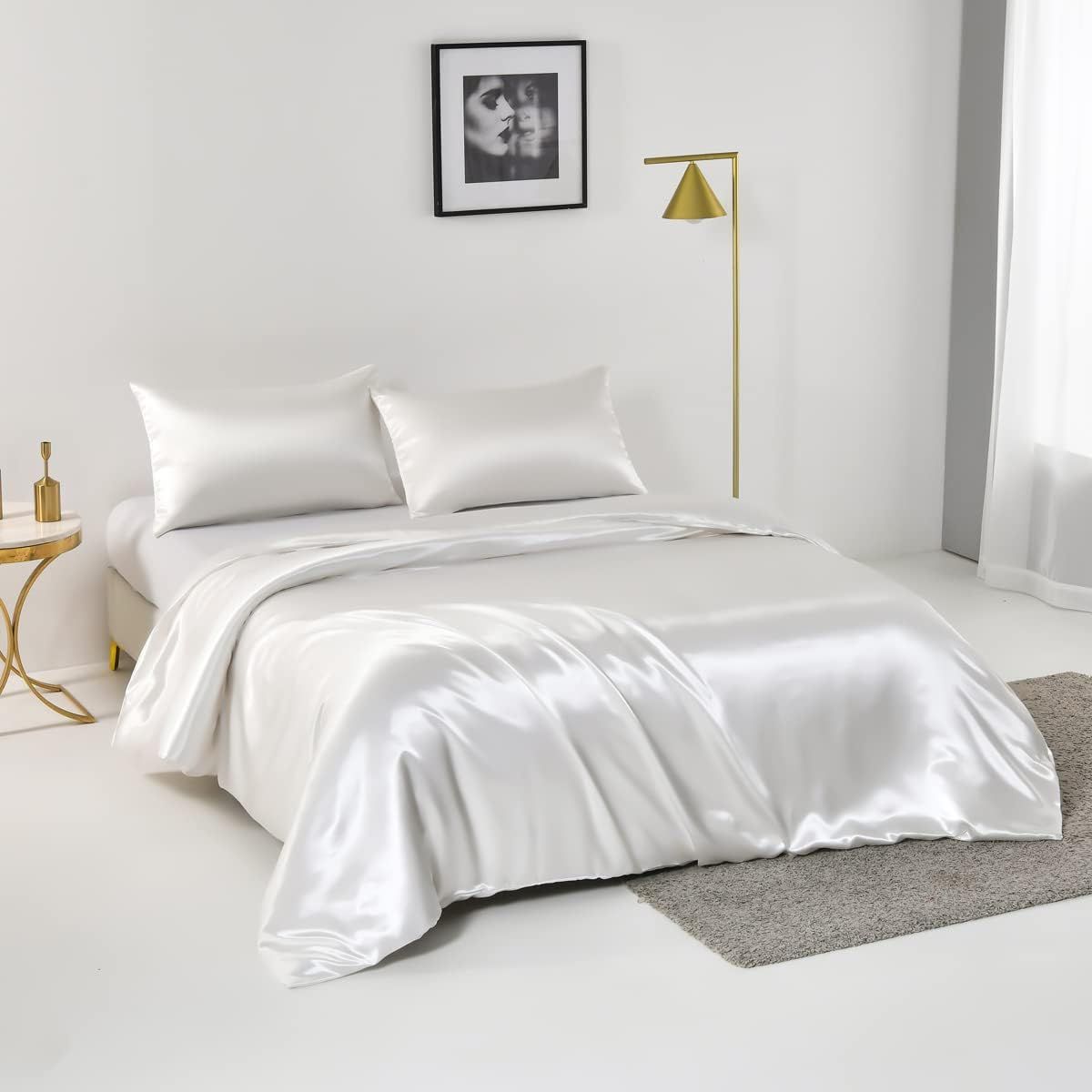 Satin Quilt cover Set Hotel 3 Pieces Quilt cover with Pillowcase, Art Silk Bedding Set-Luxury Soft Silky pillowcase for Hair and Skin, Similar to Silk Duvet/Donna Cover Set- 3 Pieces(King,White) - Image 2