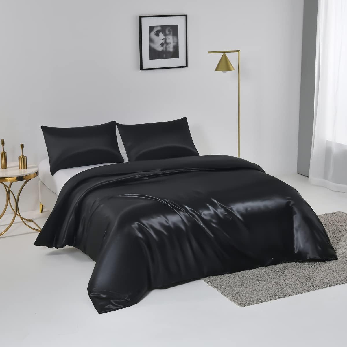 Satin Quilt cover Set Hotel 3 Pieces Quilt cover with Pillowcase, Art Silk Bedding Set-Luxury Soft Silky pillowcase for Hair and Skin, Similar to Silk Duvet/Donna Cover Set- 3 Pieces(King,Black) - Image 2