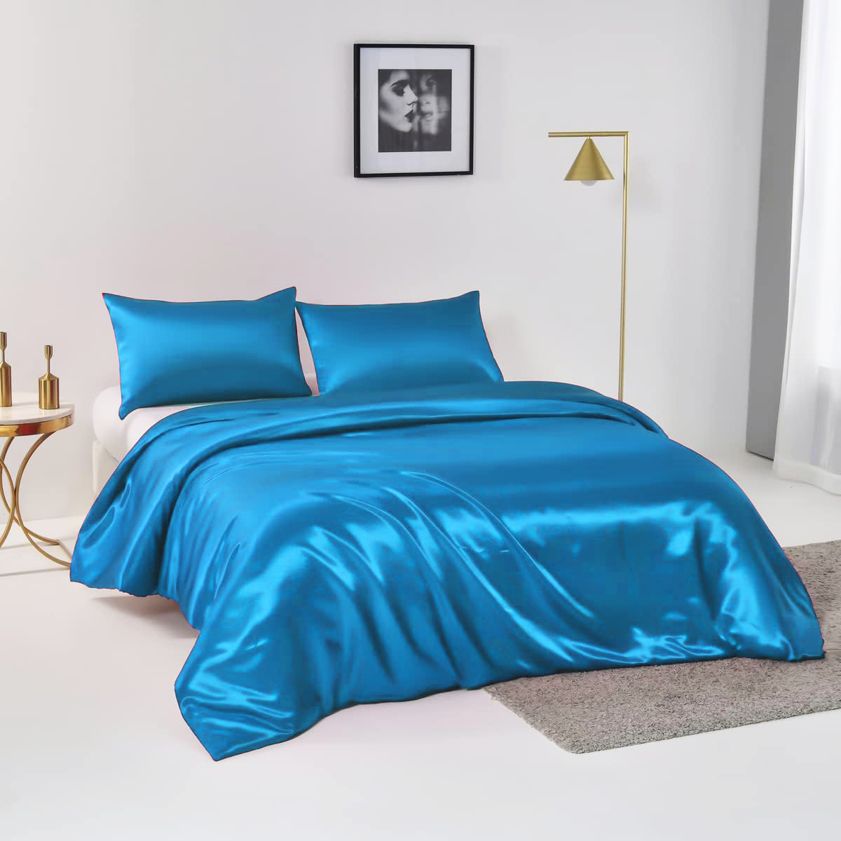 Satin Quilt cover Set Hotel 3 Pieces Quilt cover with Pillowcase, Art Silk Bedding Set-Luxury Soft Silky pillowcase for Hair and Skin, Similar to Silk Duvet/Donna Cover Set- 3 Pieces(King,Ocean) - Image 1