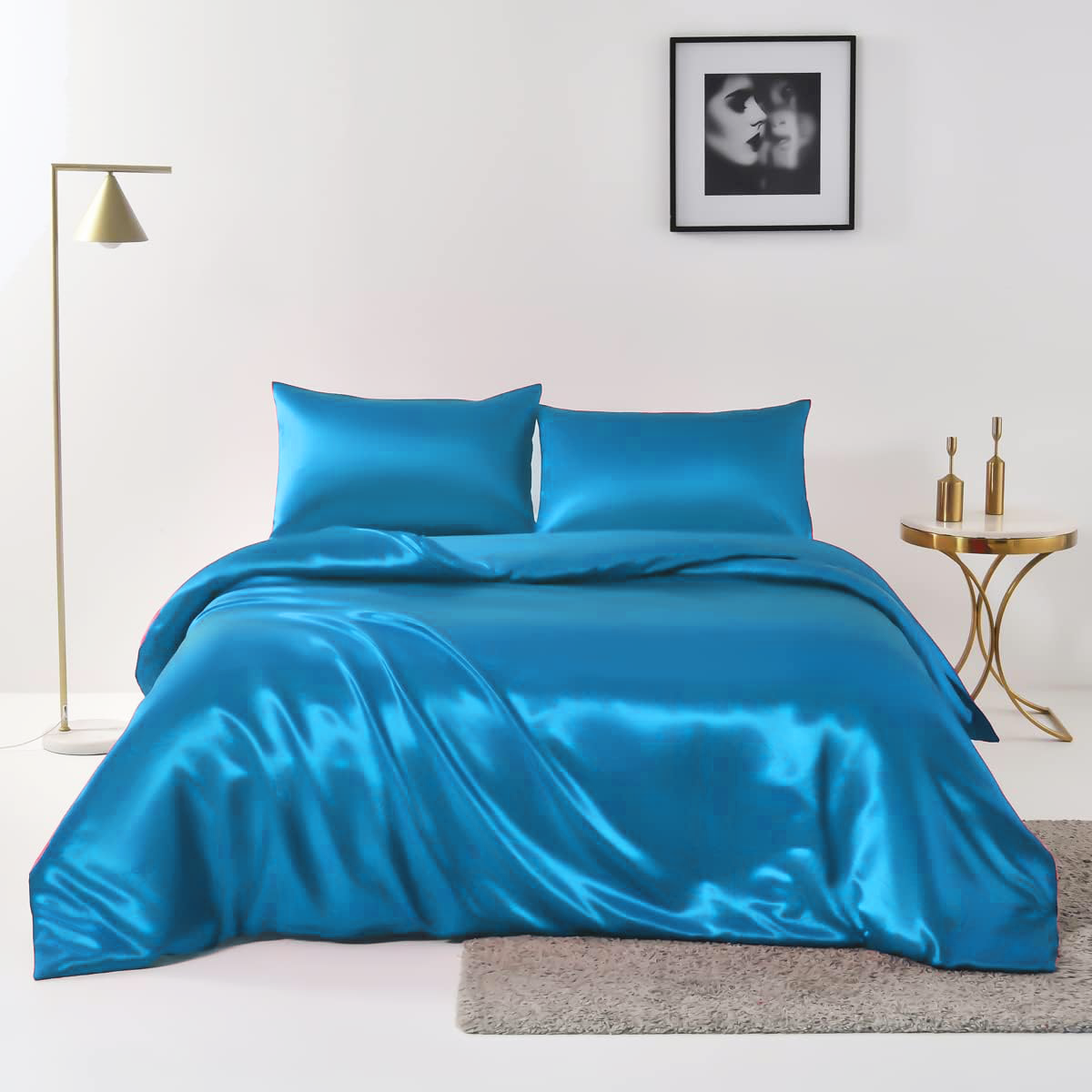 Satin Quilt cover Set Hotel 3 Pieces Quilt cover with Pillowcase, Art Silk Bedding Set-Luxury Soft Silky pillowcase for Hair and Skin, Similar to Silk Duvet/Donna Cover Set- 3 Pieces(King,Ocean) - Image 2