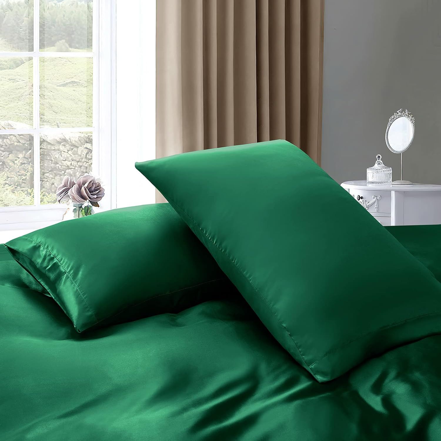 Satin Quilt cover Set Hotel 3 Pieces Quilt cover with Pillowcase, Art Silk Bedding Set-Luxury Soft Silky pillowcase for Hair and Skin, Similar to Silk Duvet/Donna Cover Set- 3 Pieces(King,Green) - Image 5