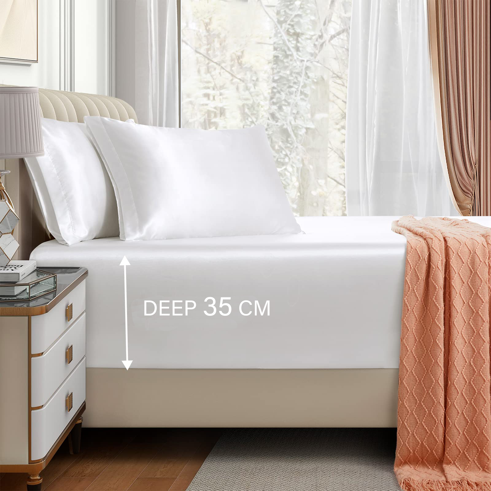 Satin Fitted Sheet Set Hotel 3 Pieces Fitted Sheet with Pillowcase, Art Silk Bedding Set-Luxury Soft Silky Sheets for Hair and Skin, Similar to Silk Fitted Sheets Set 3 Pieces(King,White) - Image 1