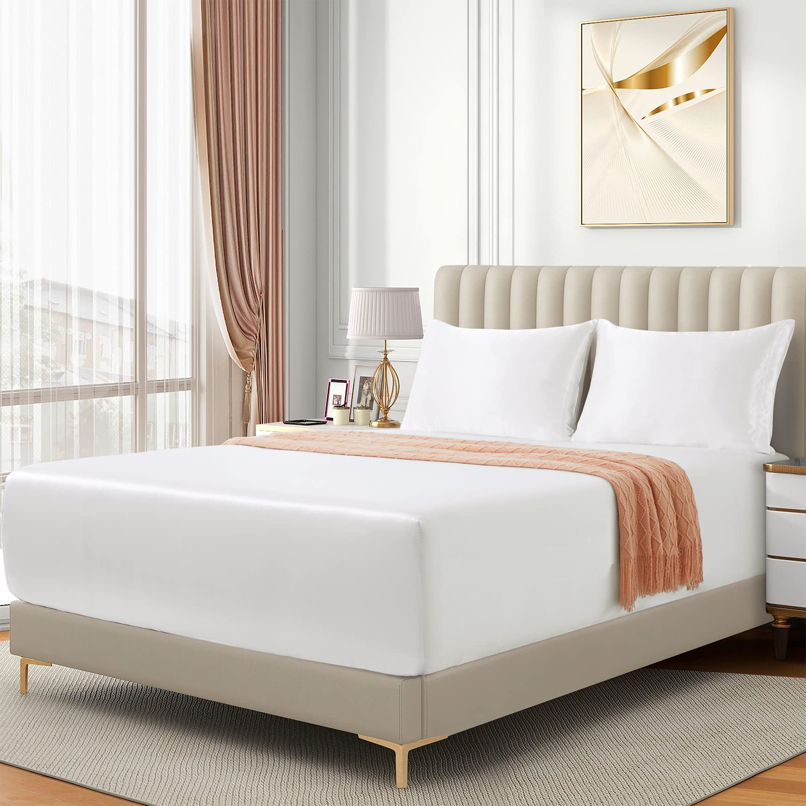 Satin Fitted Sheet Set Hotel 3 Pieces Fitted Sheet with Pillowcase, Art Silk Bedding Set-Luxury Soft Silky Sheets for Hair and Skin, Similar to Silk Fitted Sheets Set 3 Pieces(King,White) - Image 3