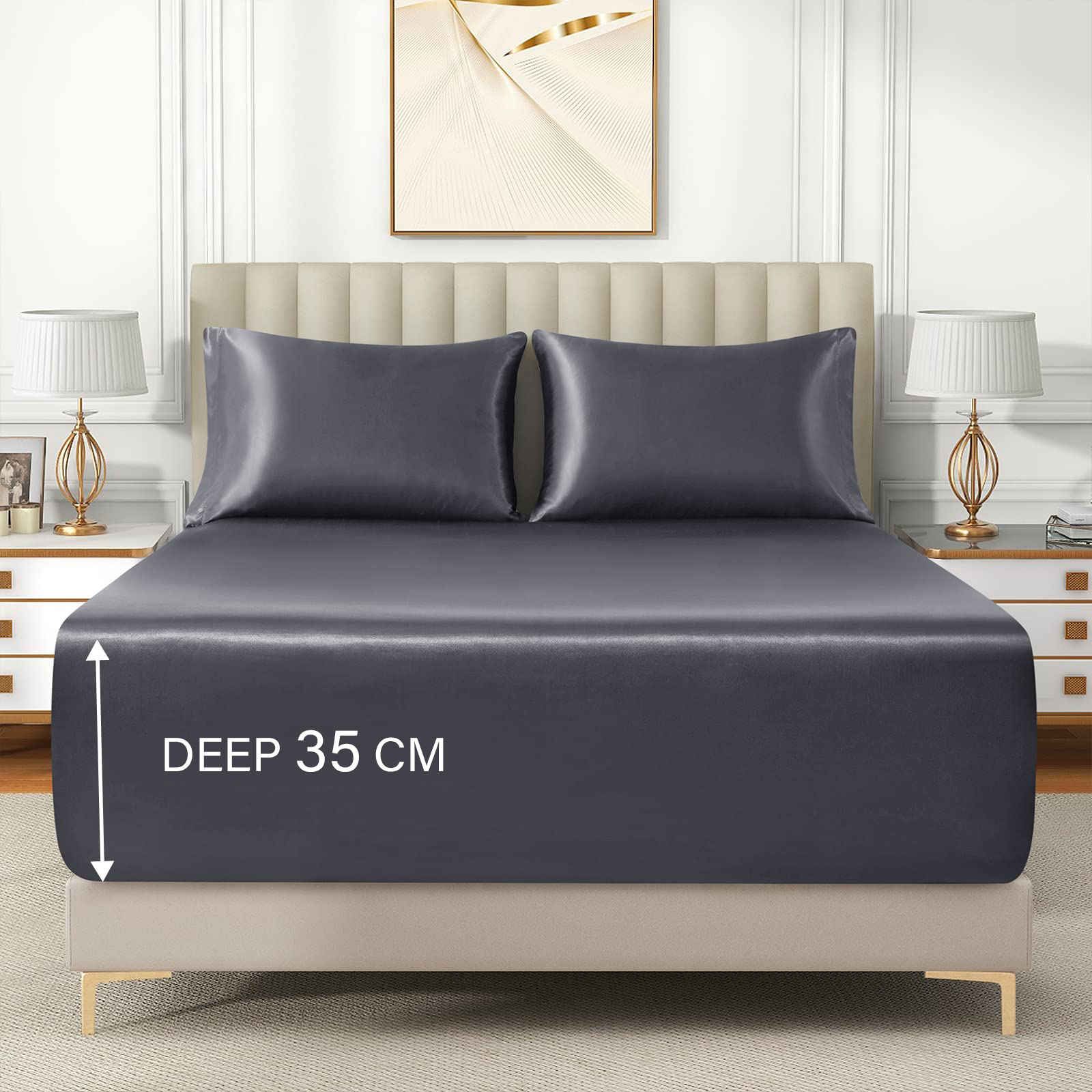 Satin Fitted Sheet Set Hotel 3 Pieces Fitted Sheet with Pillowcase, Art Silk Bedding Set-Luxury Soft Silky Sheets for Hair and Skin, Similar to Silk Fitted Sheets Set 3 Pieces(King,Grey) - Image 5