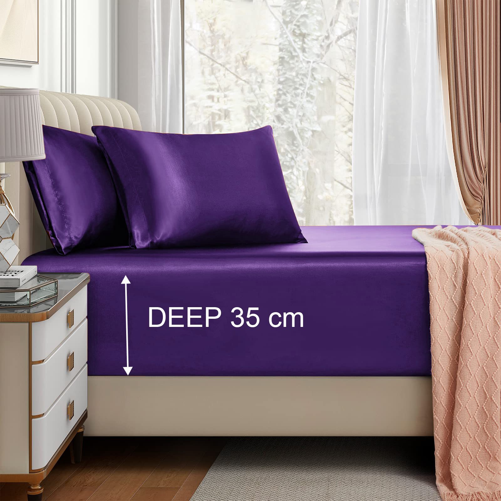 Satin Fitted Sheet Set Hotel 3 Pieces Fitted Sheet with Pillowcase, Art Silk Bedding Set-Luxury Soft Silky Sheets for Hair and Skin, Similar to Silk Fitted Sheets Set 3 Pieces(King,Purple) - Image 1
