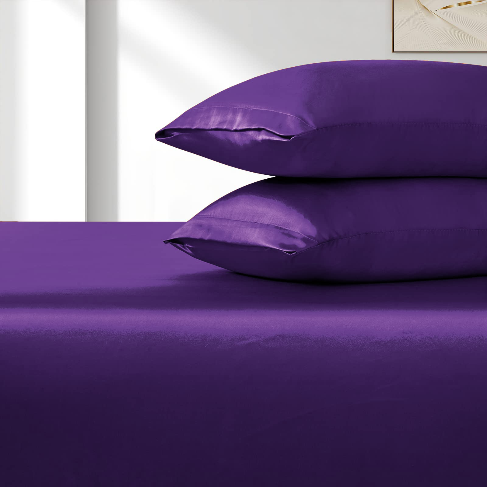 Satin Fitted Sheet Set Hotel 3 Pieces Fitted Sheet with Pillowcase, Art Silk Bedding Set-Luxury Soft Silky Sheets for Hair and Skin, Similar to Silk Fitted Sheets Set 3 Pieces(King,Purple) - Image 4