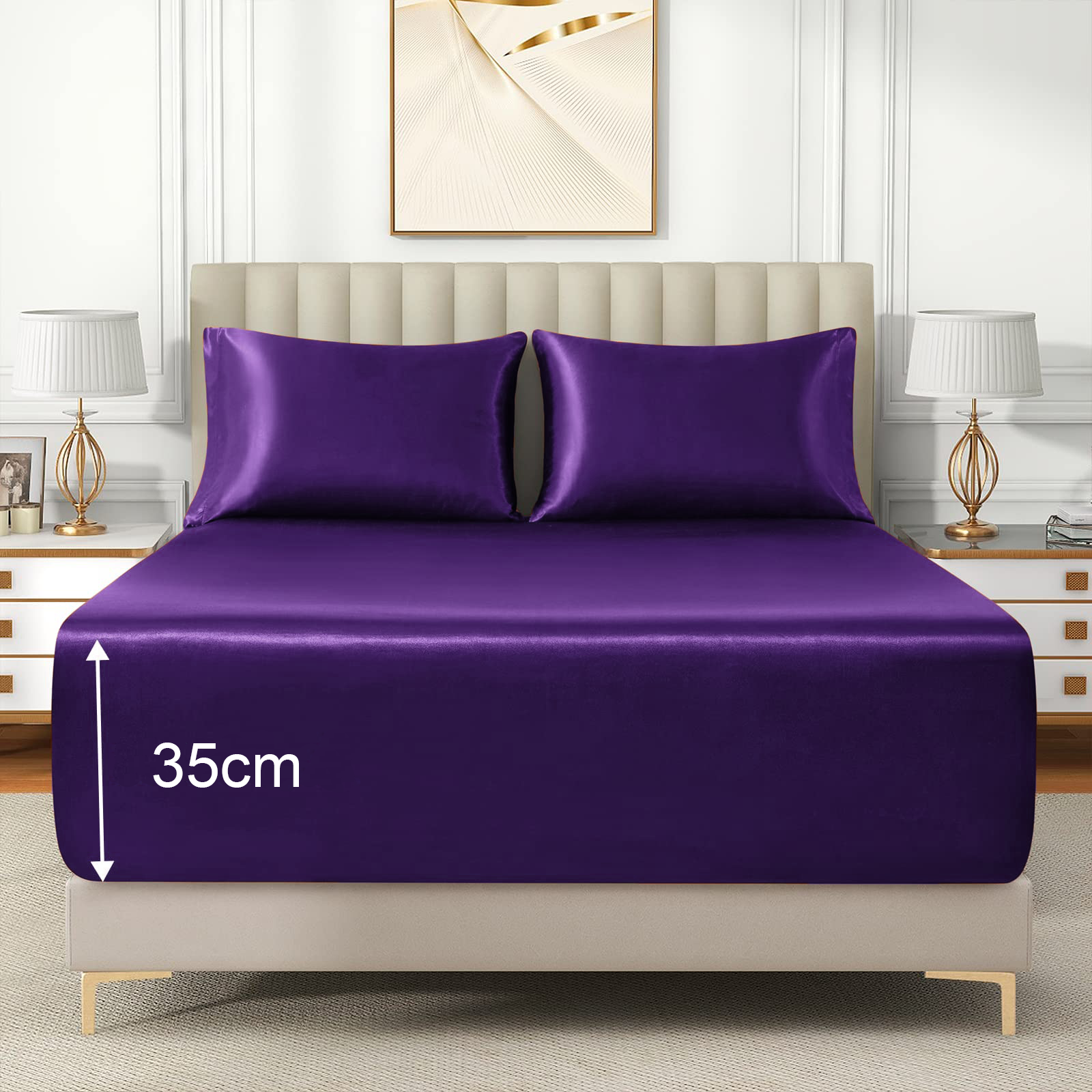 Satin Fitted Sheet Set Hotel 3 Pieces Fitted Sheet with Pillowcase, Art Silk Bedding Set-Luxury Soft Silky Sheets for Hair and Skin, Similar to Silk Fitted Sheets Set 3 Pieces(King,Purple) - Image 5