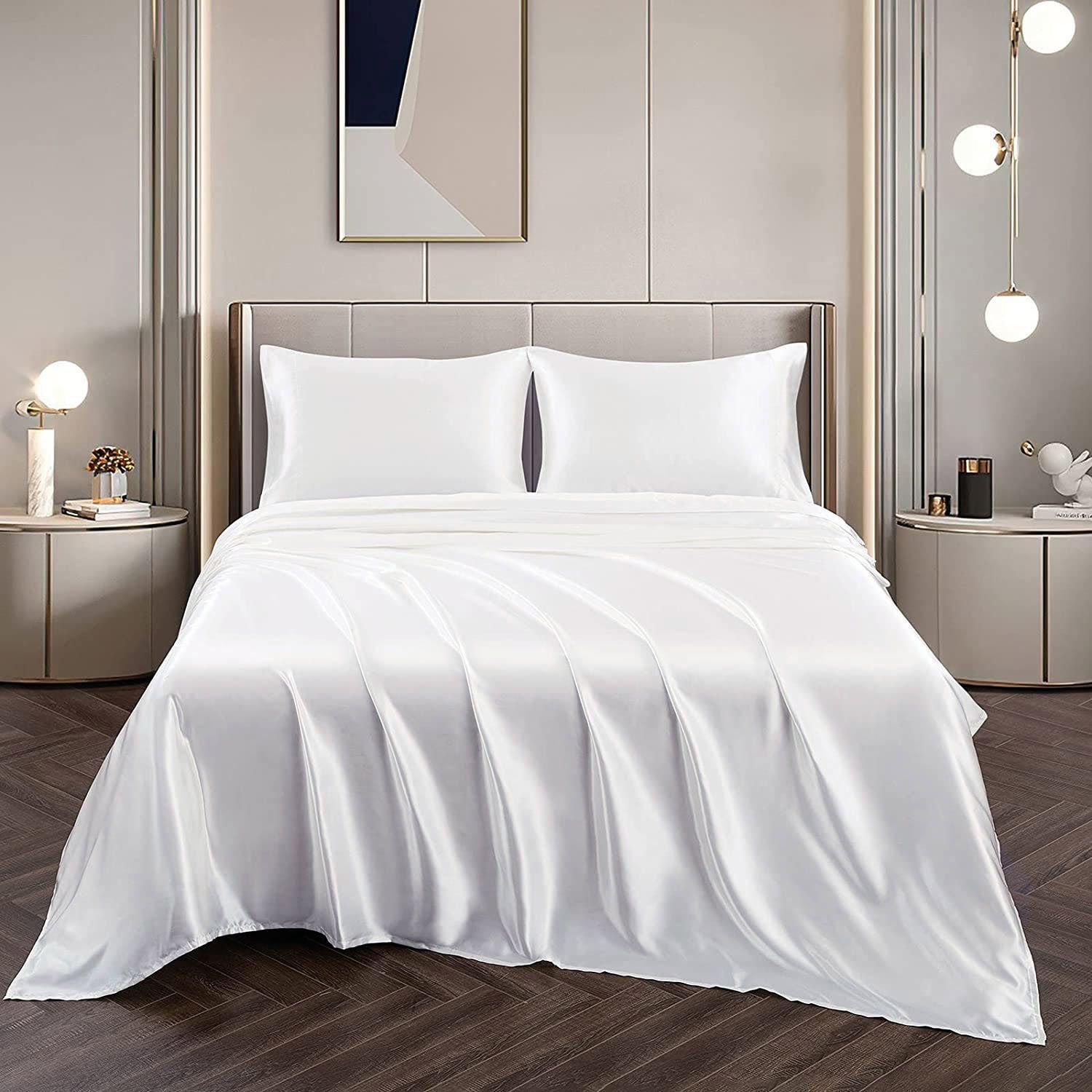 Art Silk Satin Sheet Set Hotel 4 Pieces Fitted/Flat Sheet Bedding Set-Luxury Soft Silky Sheets for Hair and Skin, Similar to Silk Bed Sheets Set 4 Pieces(King,White) - Image 1