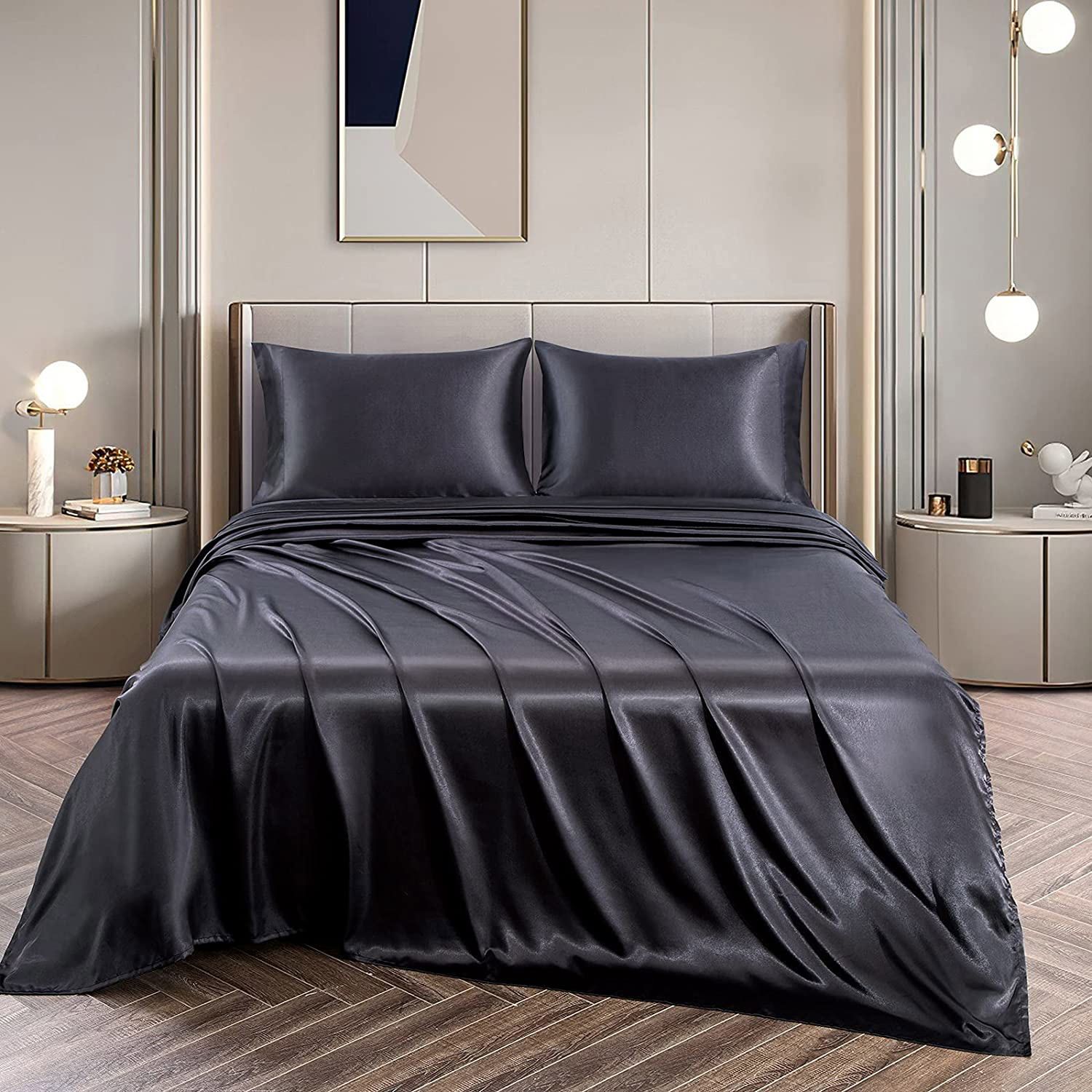 Art Silk Satin Sheet Set Hotel 4 Pieces Fitted/Flat Sheet Bedding Set-Luxury Soft Silky Sheets for Hair and Skin, Similar to Silk Bed Sheets Set 4 Pieces(King,Black) - Image 1
