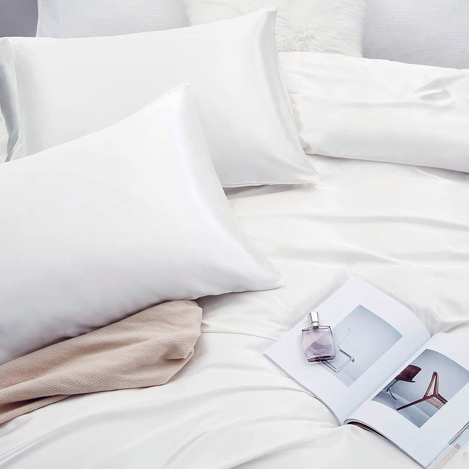 Art Silk Satin Sheet Set Hotel 3 Pieces Fitted/Flat Sheet Bedding Set-Luxury Soft Silky Sheets for Hair and Skin, Similar to Silk Bed Sheets Set 3 Pieces(King Single,White) - Image 5
